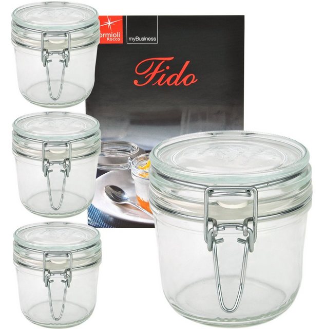 MamboCat Vorratsglas “4er Set Einmachglas Bügelverschluss Original Fido 0,35L incl. Bormioli Rezeptheft”