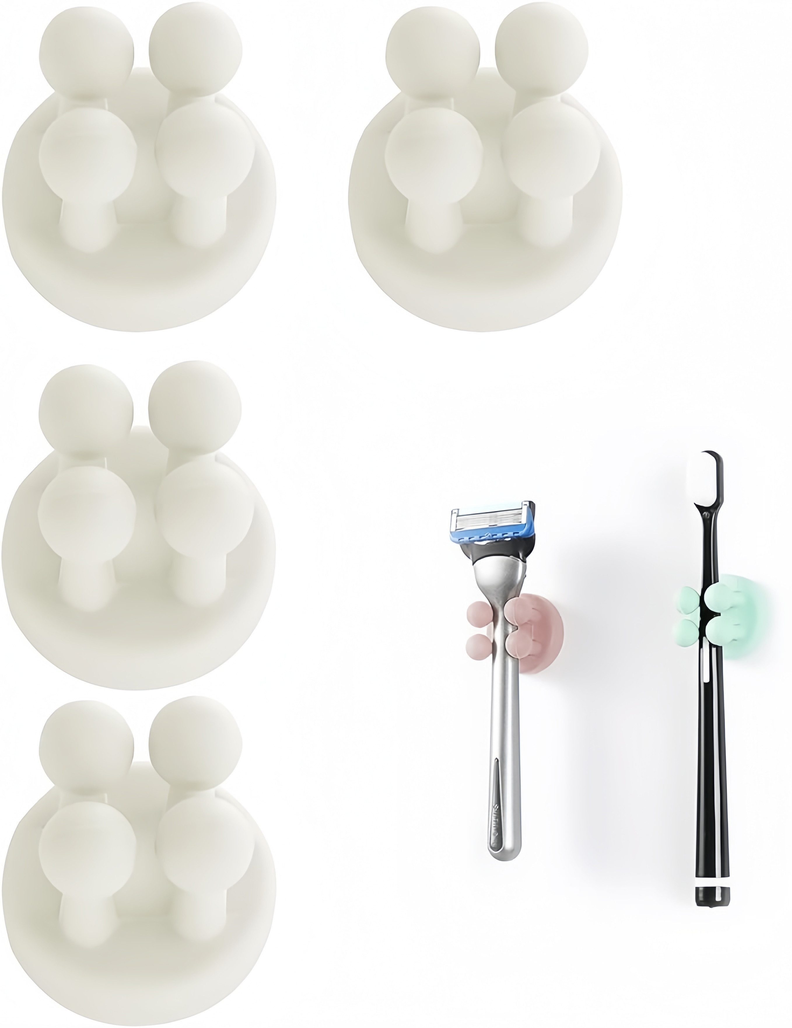 FOUORTUNATE-BEE Zahnbürstenhalter Silikon Zahnbürsten- & Rasiererhalter, 4-teiliges Set, selbstklebend, Multifunktionale Wandhaken für Badezimmer, einfach anzubringen