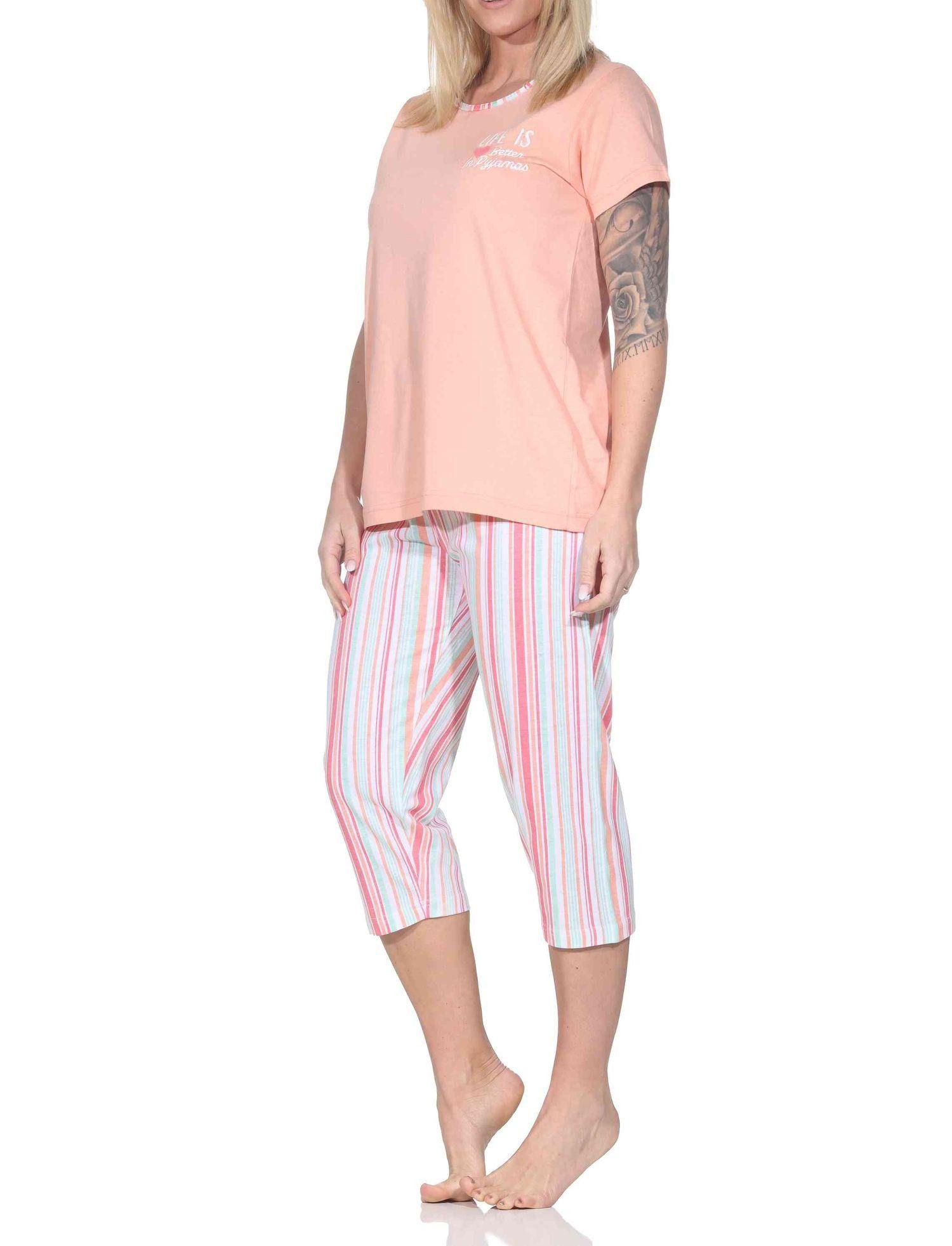 Normann Pyjama Normann Damen Schlafanzug kurzarm mit gestreifter Capri-Pyjamahose