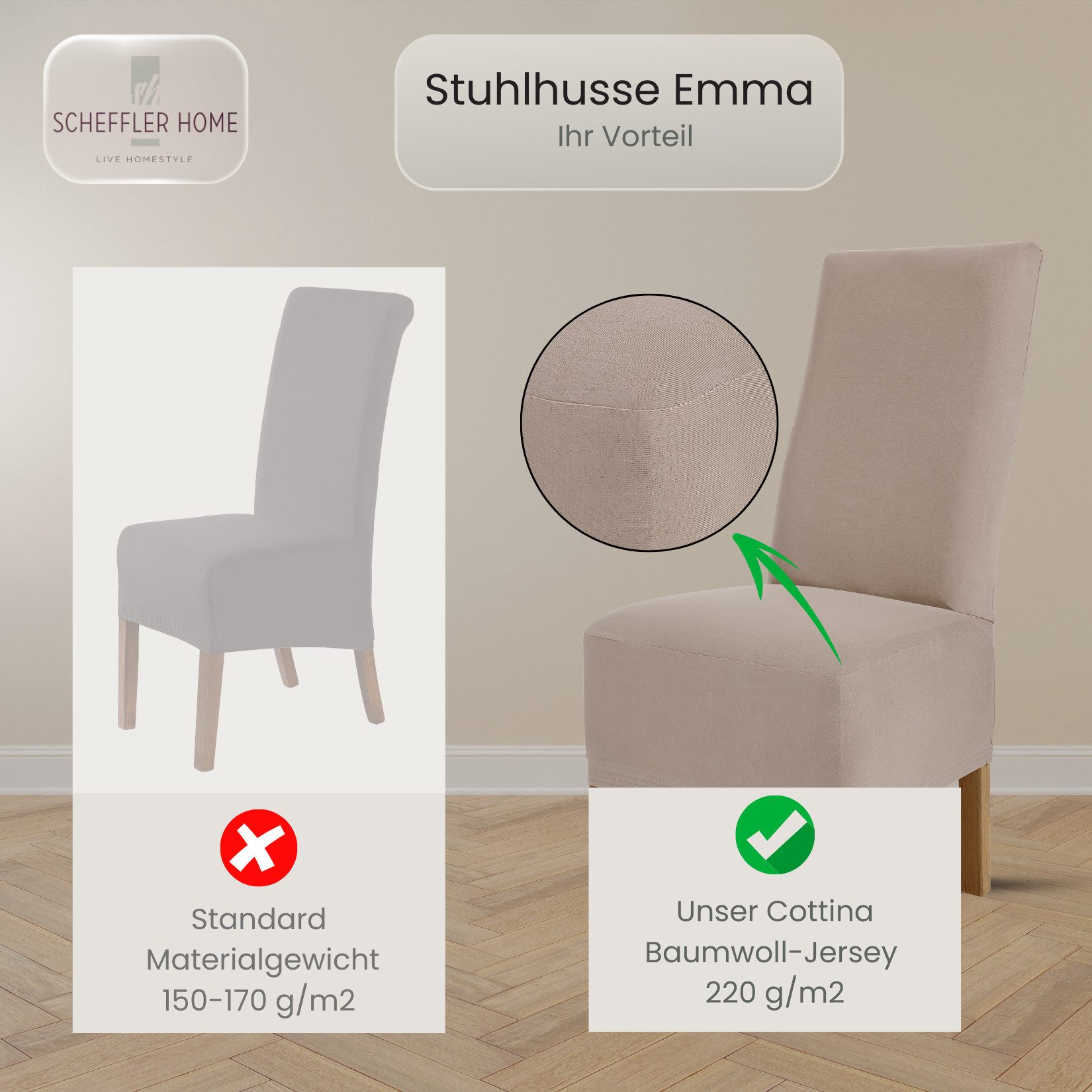 sh SCHEFFLER-HOME LIVE HOMESTYLE Stuhlhusse Moderner Stuhlbezug "Emma" aus elastischer Baumwolle Cottina, abnehmbarer & waschbarer Spannbezug für Stühle – Bild 4 von 5