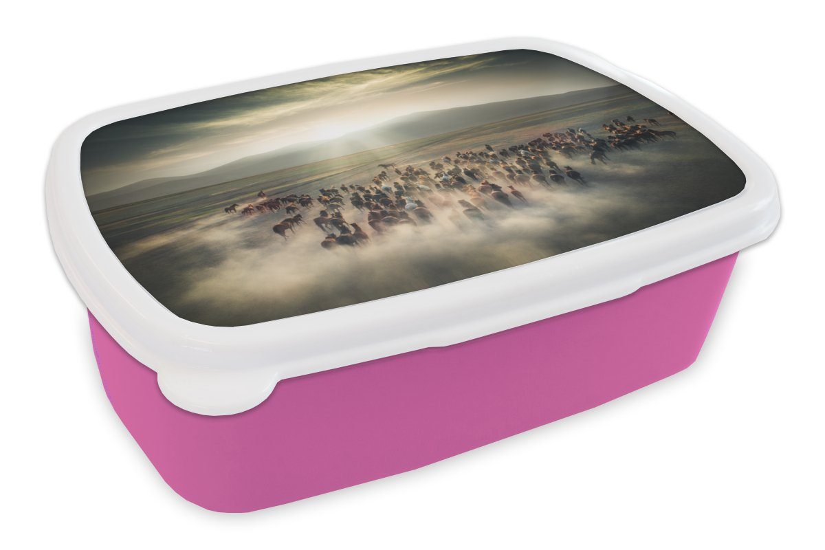 MuchoWow Lunchbox Pferde - Natur - Nebel - Wildtiere, Kunststoff, (2-tlg), Brotbox für Erwachsene, Brotdose Kinder, Snackbox, Mädchen, Kunststoff rosa