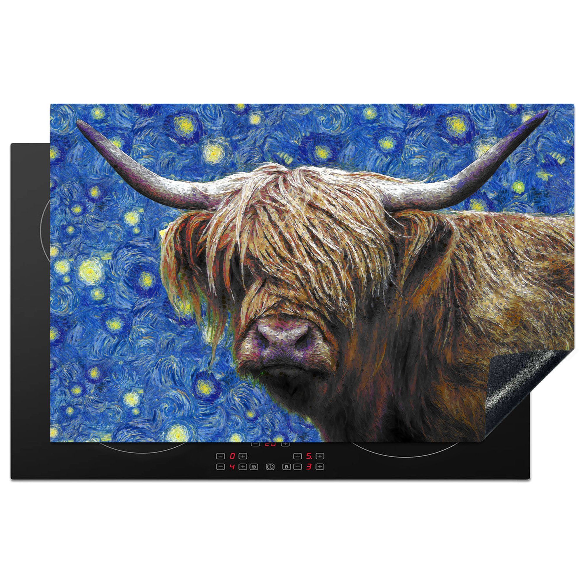 MuchoWow Herdblende-/Abdeckplatte Scottish Highlander - Sternennacht - Van Gogh, Vinyl, (1 tlg), 81x52 cm, Induktionskochfeld Schutz für die küche, Ceranfeldabdeckung