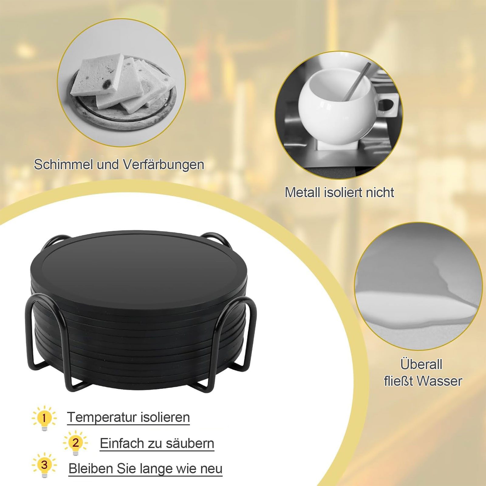 OKWISH Getränkeuntersetzer 12er Gläser Untersetzer Set Glasuntersetzer Tischuntersetzer Rund 10cm, Silikonuntersetzer mit Edelstahl Halter Durchmesser 10 cm aus – Bild 3 von 5