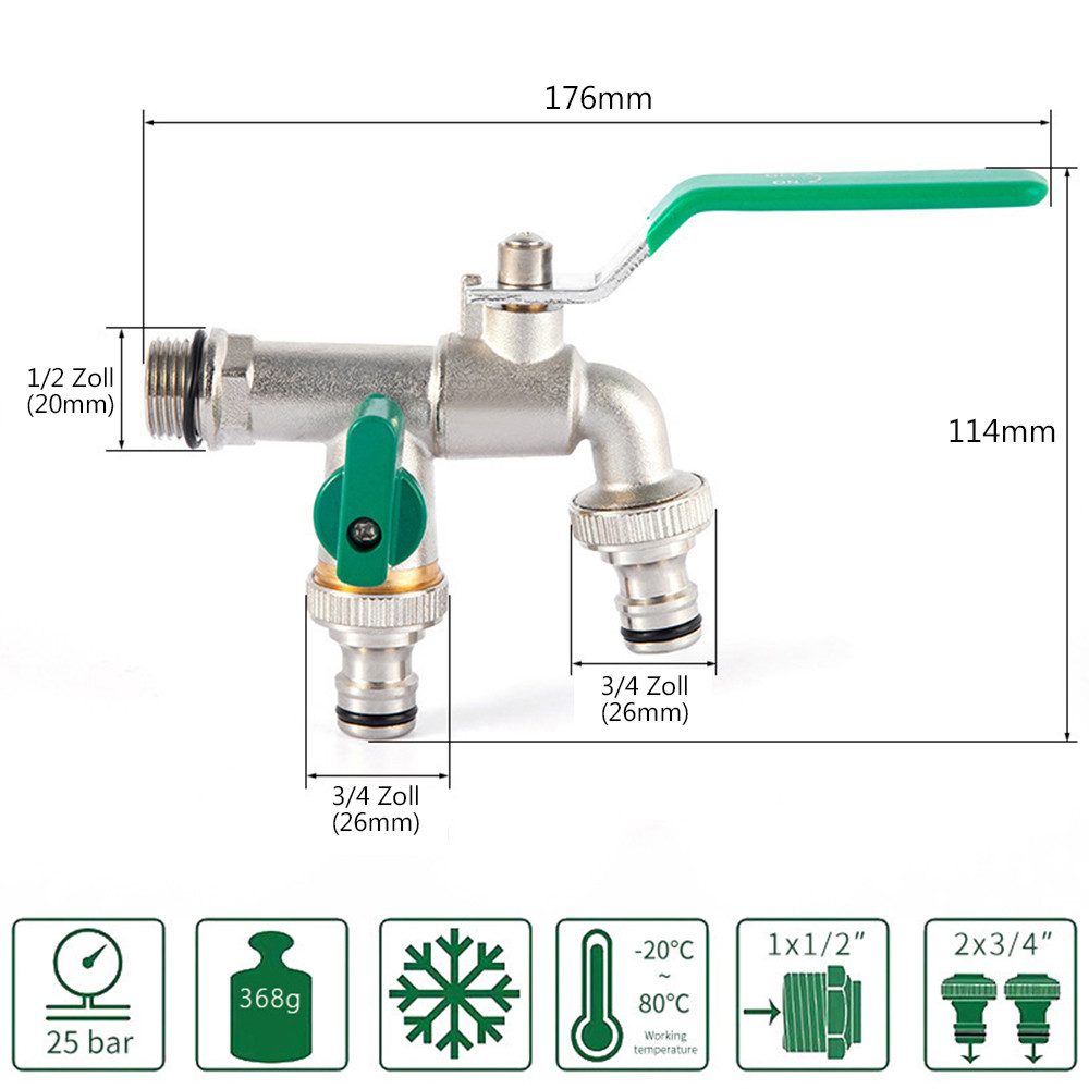 TUWENA Absperrventil Doppel Auslaufhahn, Garten Wasserhahn 1/2 Zoll & 3/4 Zoll Kugelhahn, Messing Rost-und Frostsicher, 2 Schlauchanschlüsse, 1 Rollendichtband – Bild 2 von 5