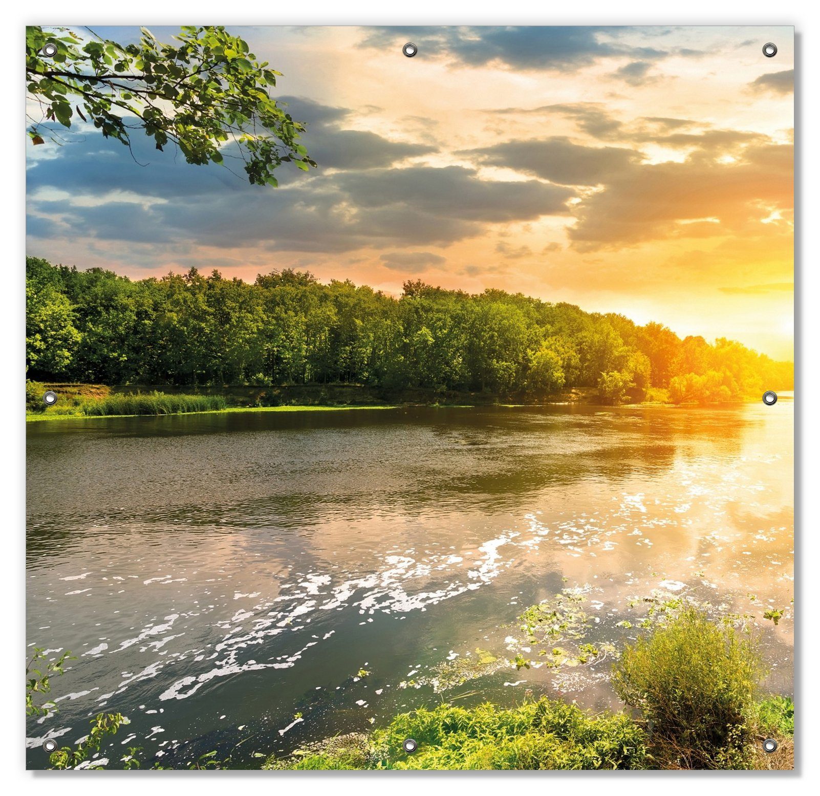 grüner Fluss wiederverwendbar in Saugnäpfen, mit Umgebung, Sonnenuntergang am und Wallario, Sonnenschutz blickdicht, wiederablösbar
