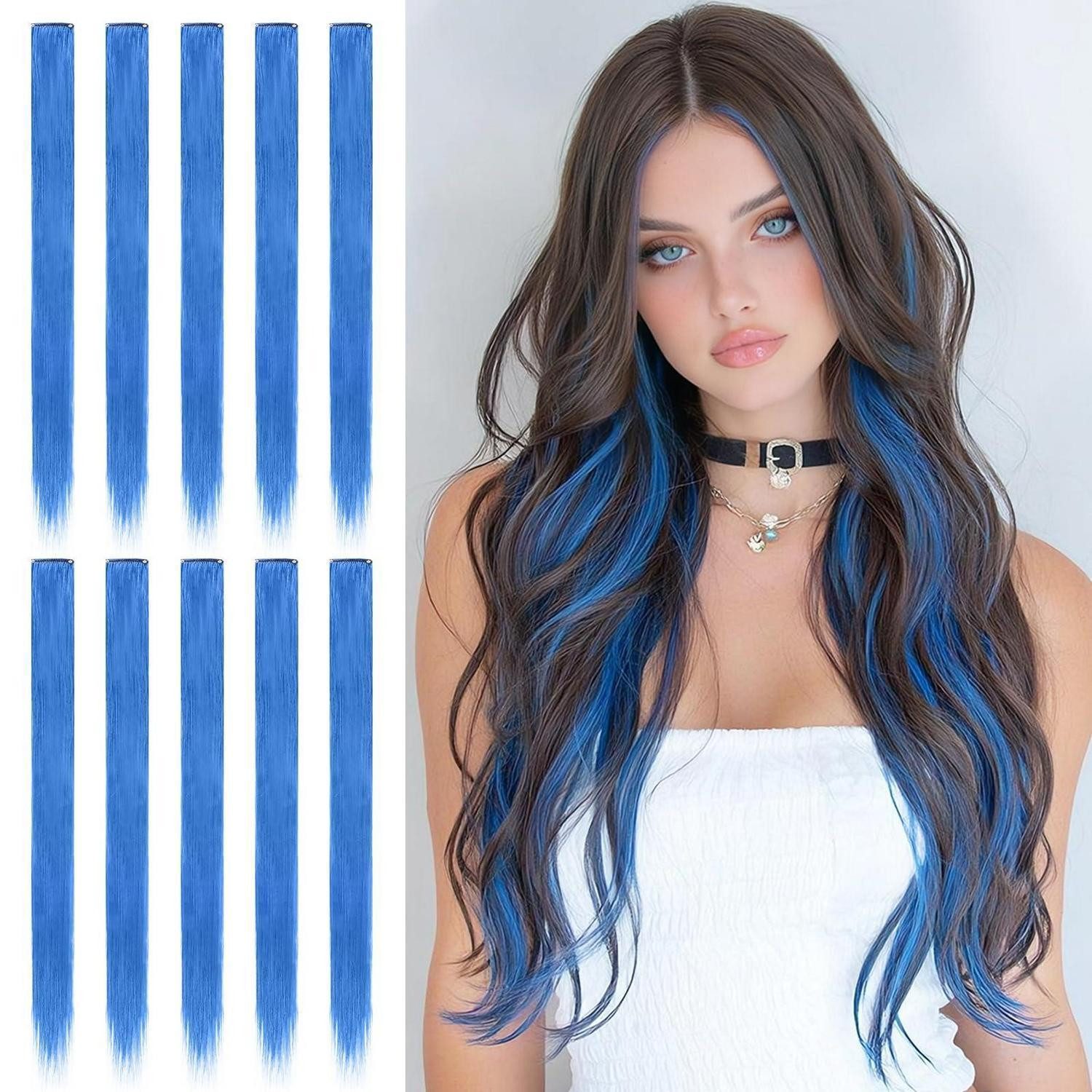 LuxusKollektion Kunsthaar-Extension Haarverlängerung Clipin 56 cm 10 Pcs Party Mehrfarbig blau