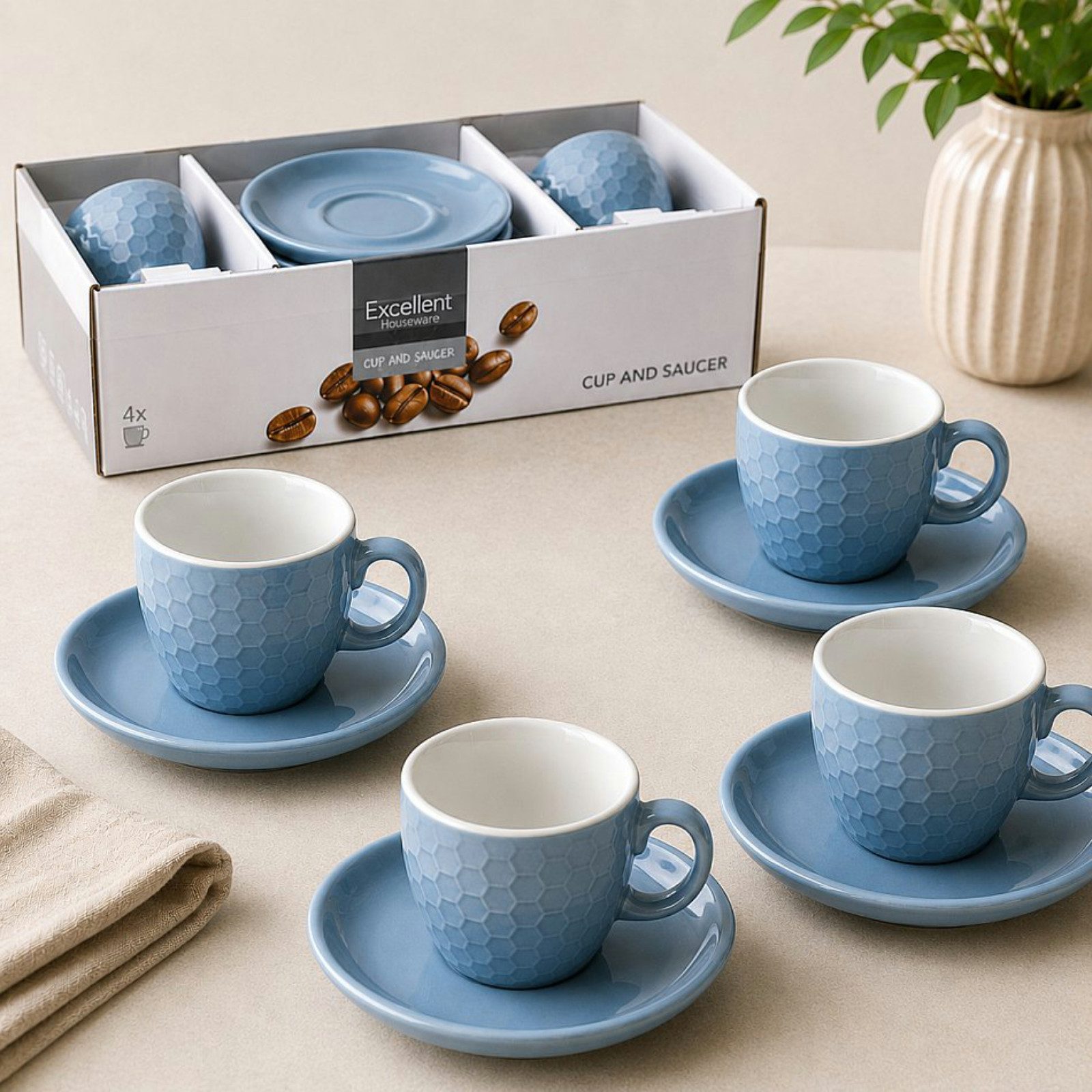 Koopman Tasse Kaffeetassen Espressotassen Untertasse Keramik 8tlg 90ml, 8-tlg., Keramik, Blau, 4 Tassen + 4 Untertassen, Wabenmuster, 90ml je Tasse, Geschirr