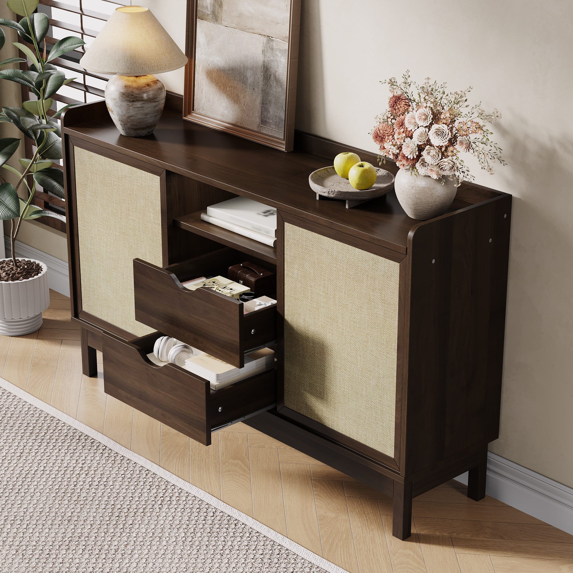 Merax Sideboard Retro Anrichte Wohnzimmerschrank Buffetschrank (1 St., Aufbewahrungsmöbel für Wohn- und Esszimmer), Kommode mit Schiebetüren, 2 Schubladen & off – Bild 4 von 5
