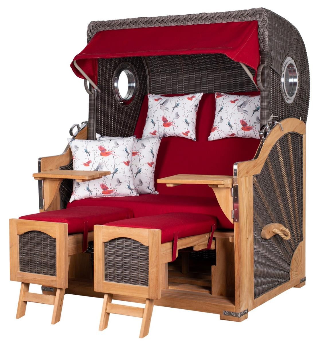 deVries PURE® Strandkorb Seemöwe XL - PE stone grey - Dessin 107, BxTxH: 140x95x160 cm, Halblieger, Ostsee-Strandkorb, Teakholz - Bullaugen - Kissenausstattung und Schutzhülle