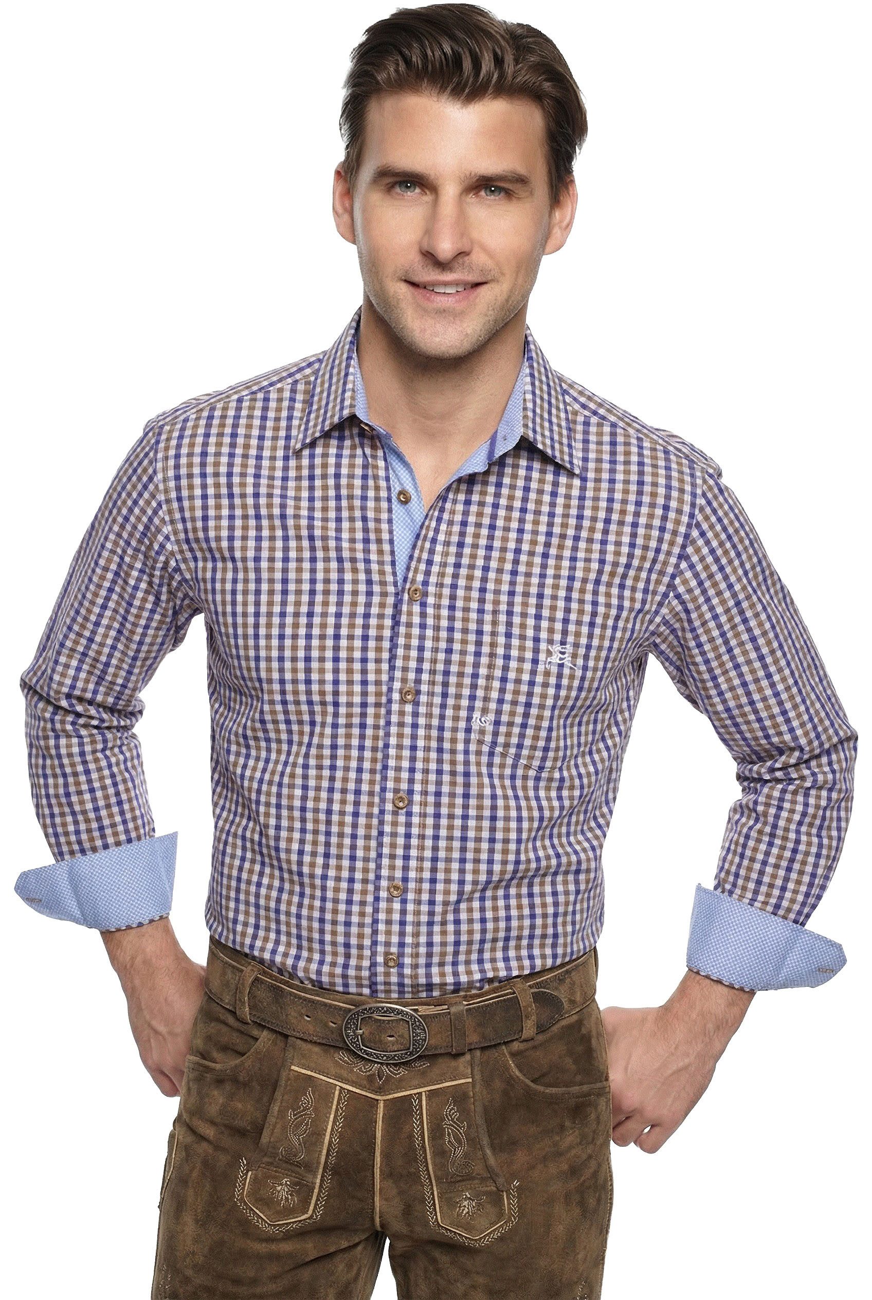 Trachtenhemd Trachtenhemd SLIM FIT Herrenhemd kariert Karo Wiesnhemd Hirsch Langarm