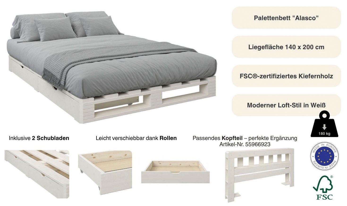 OTTO home Palettenbett "ALASCO " Mit Schublade, zertifiziertes Massivholz, erweiterbar zum Doppel- oder Familienbett