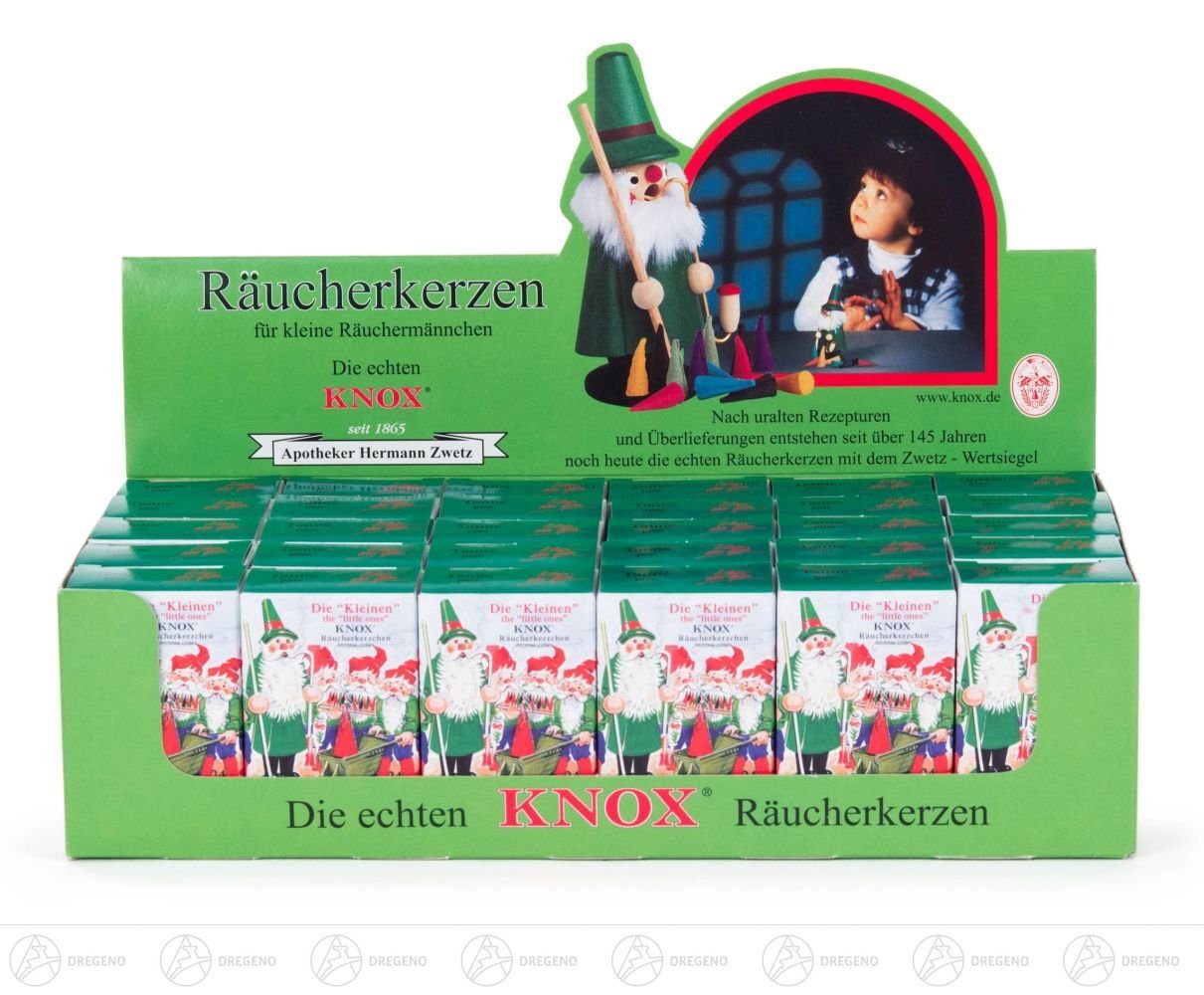 Dregeno Erzgebirge Räuchermännchen Zubehör Verkaufsdisplay KNOX Mini-Räucherkerzen Tanne, 30 Schachteln, Räucherkerzen Tanne