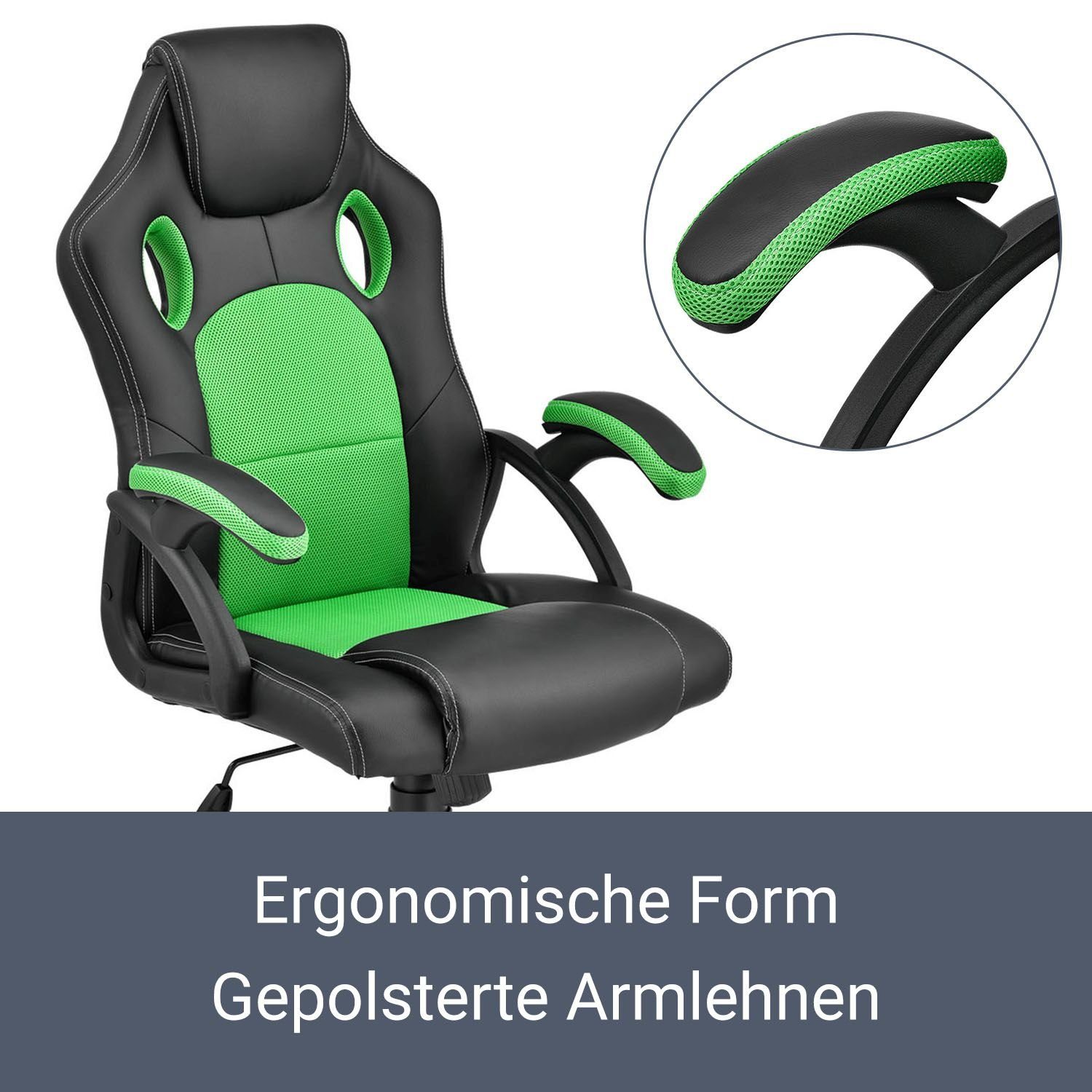 kippbar Montreal, Sitzfläche, Juskys Rückenlehne und Schwarz, Grün Sitzfläche Ergonomisch Gaming-Stuhl geformte