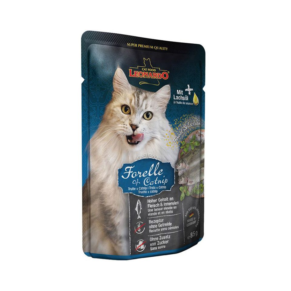 LEONARDO Forelle + Catnip 85 g, Nassfutter für: Katze