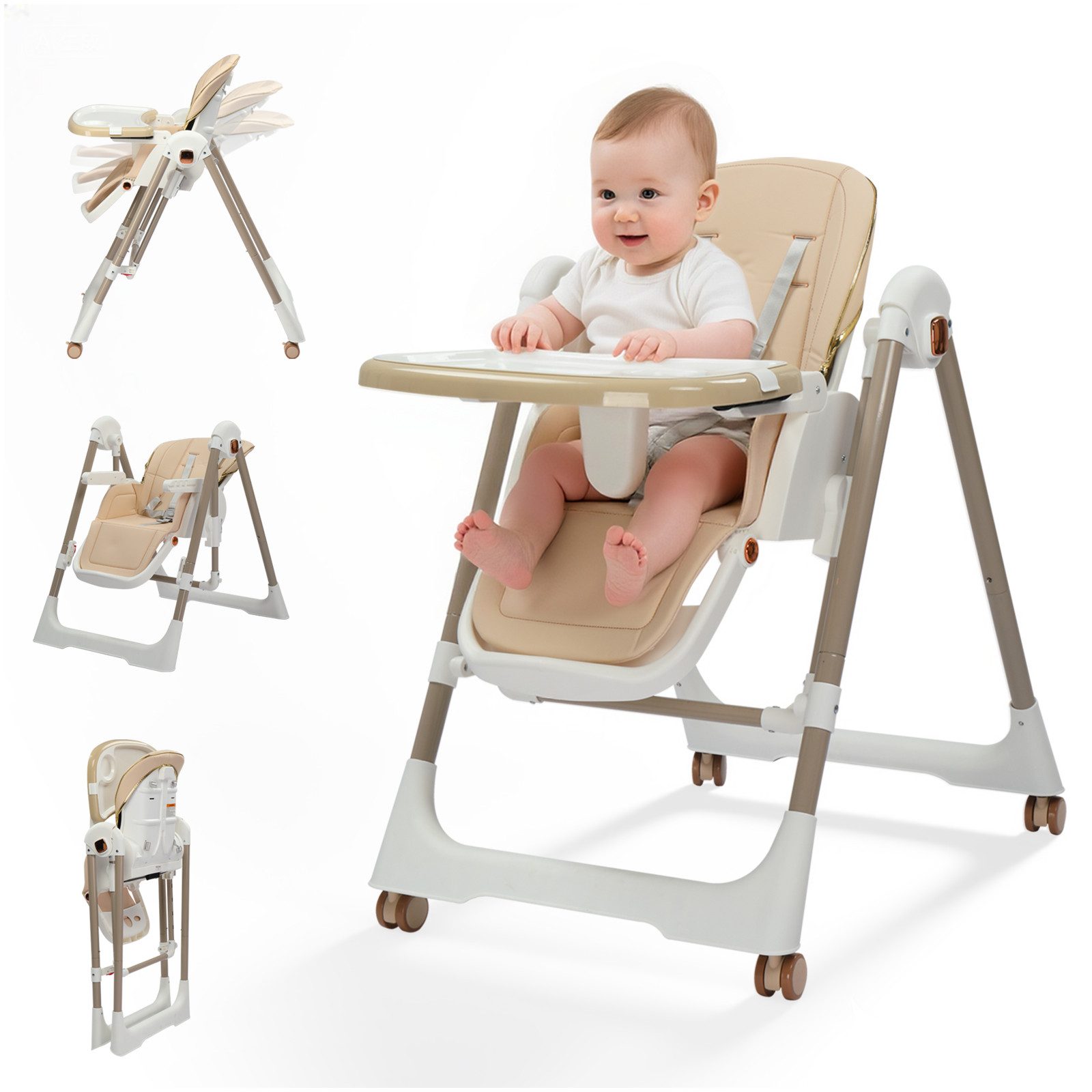 LALAHO Kinderstuhl Kinderklappstuhl Stuhl Baby Klappbar mit Esstablett, Babyliege Höhenverstellbar, Räder Klappbar