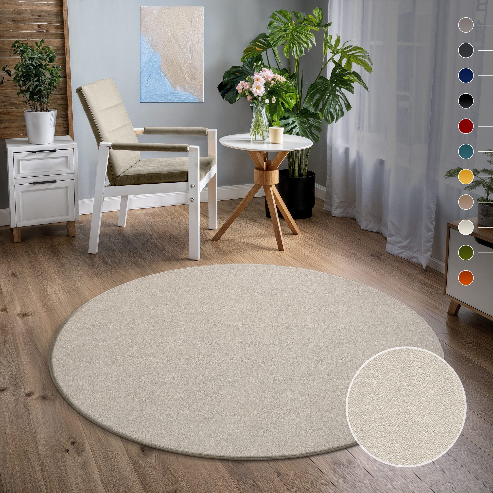 Sanat Teppich Uni, rund, Höhe: 13 mm, robuster Kurzflorteppich, große Farbauswahl, Wohnzimmer, alle Räume