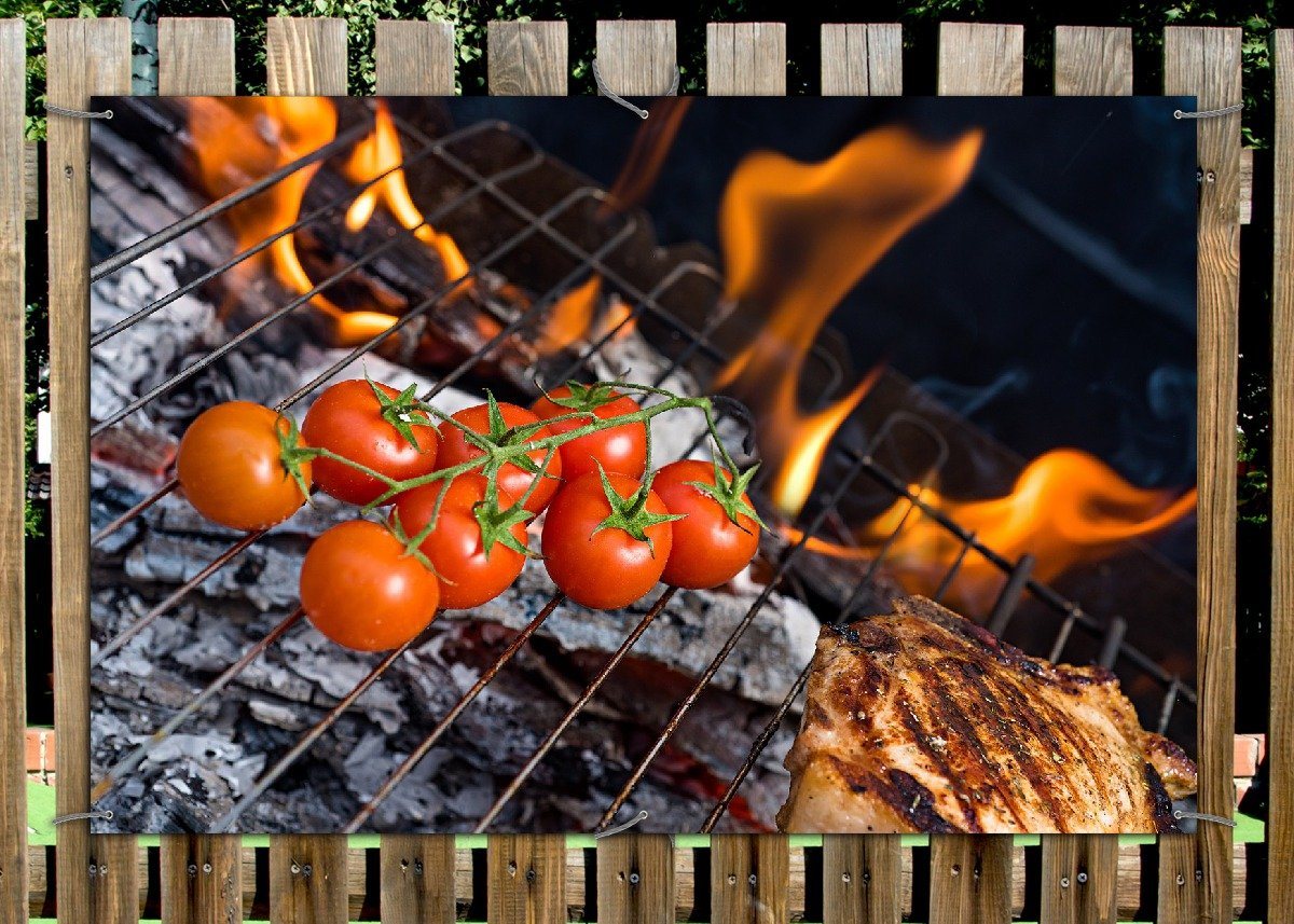 Thumbnail - Wallario Sichtschutzzaunmatten Tomaten und Steak auf einem Grill