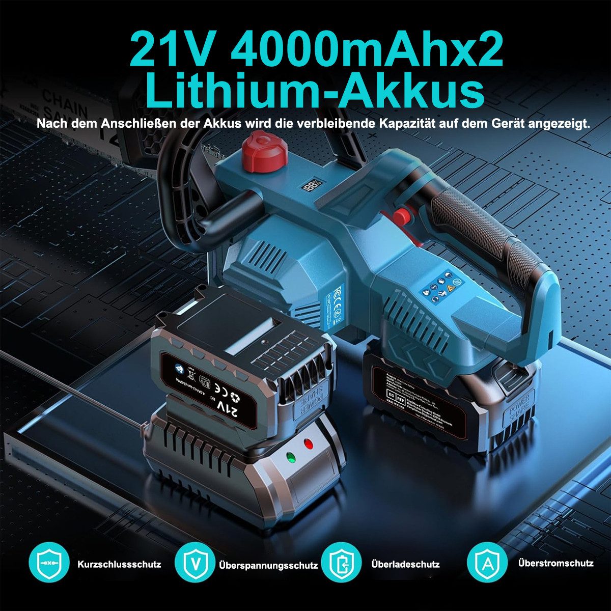 AeroAxis Akku-Kettensäge 12 Zoll bürstenlos, 1000 W, 2×4000 mAh Akku, 30 cm Schwertlänge, 2*4 AH AKKU, 1 Ketten + 1 Kettenführungsschienen, 2 Ketten + Führungsschiene – für Astschneiden, Garten & DIY