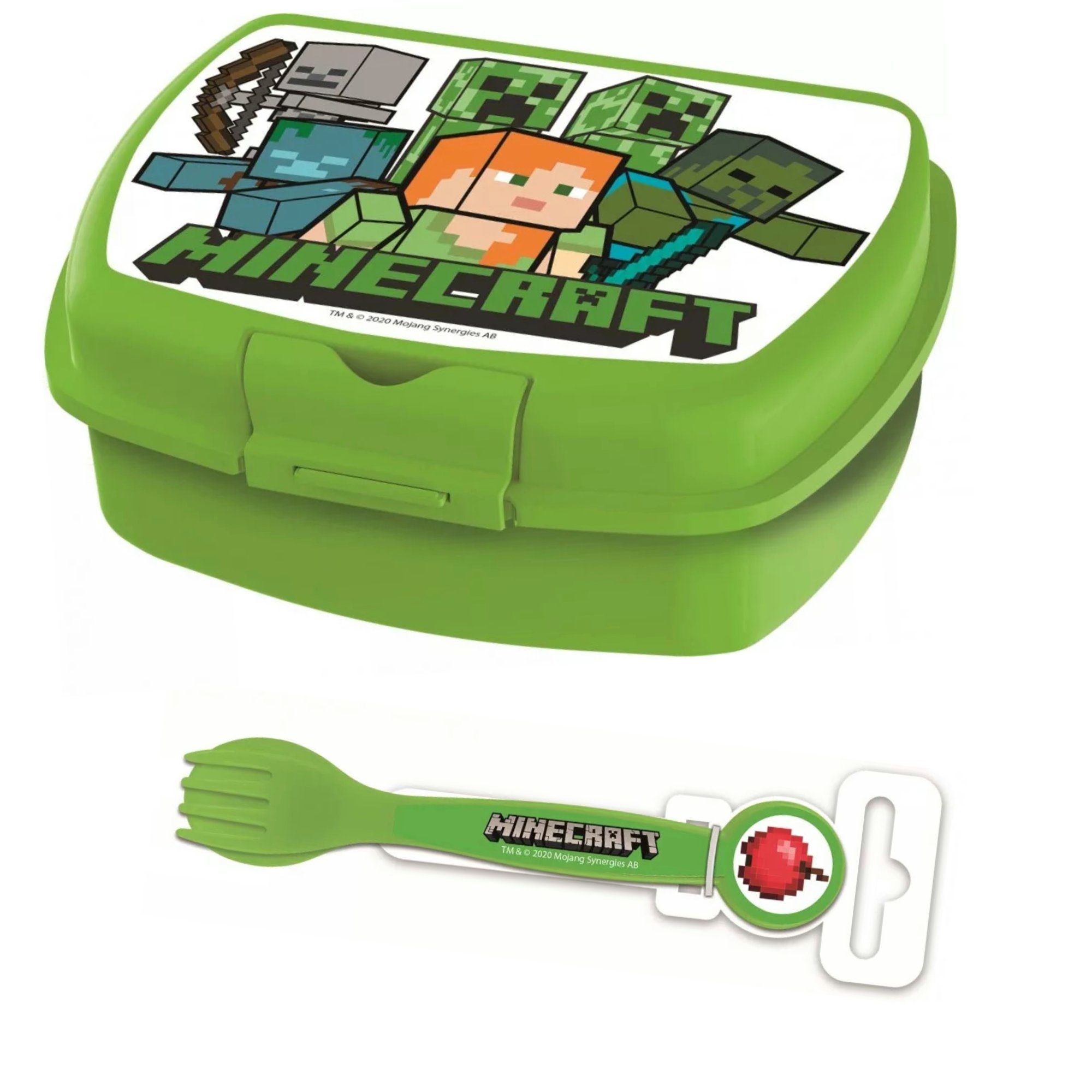 Minecraft Lunchbox Minecraft Kinder Brotdose plus Gabel und Löffel, Kunststoff, (3-tlg)