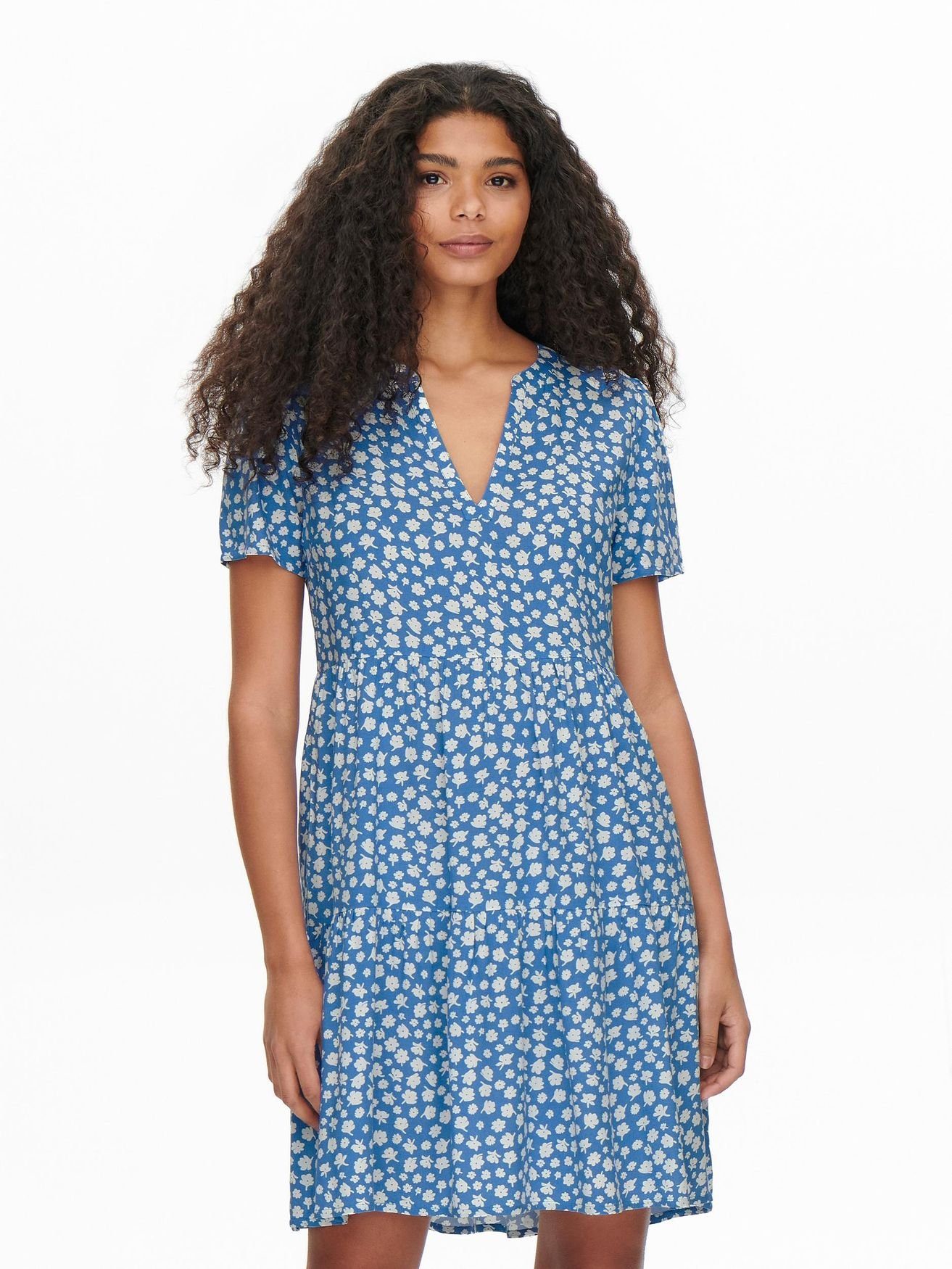 Blusen ONLZALLY Kleid 4928 Kurzes Shirtkleid ONLY V-Ausschnitt (knielang) Blau in