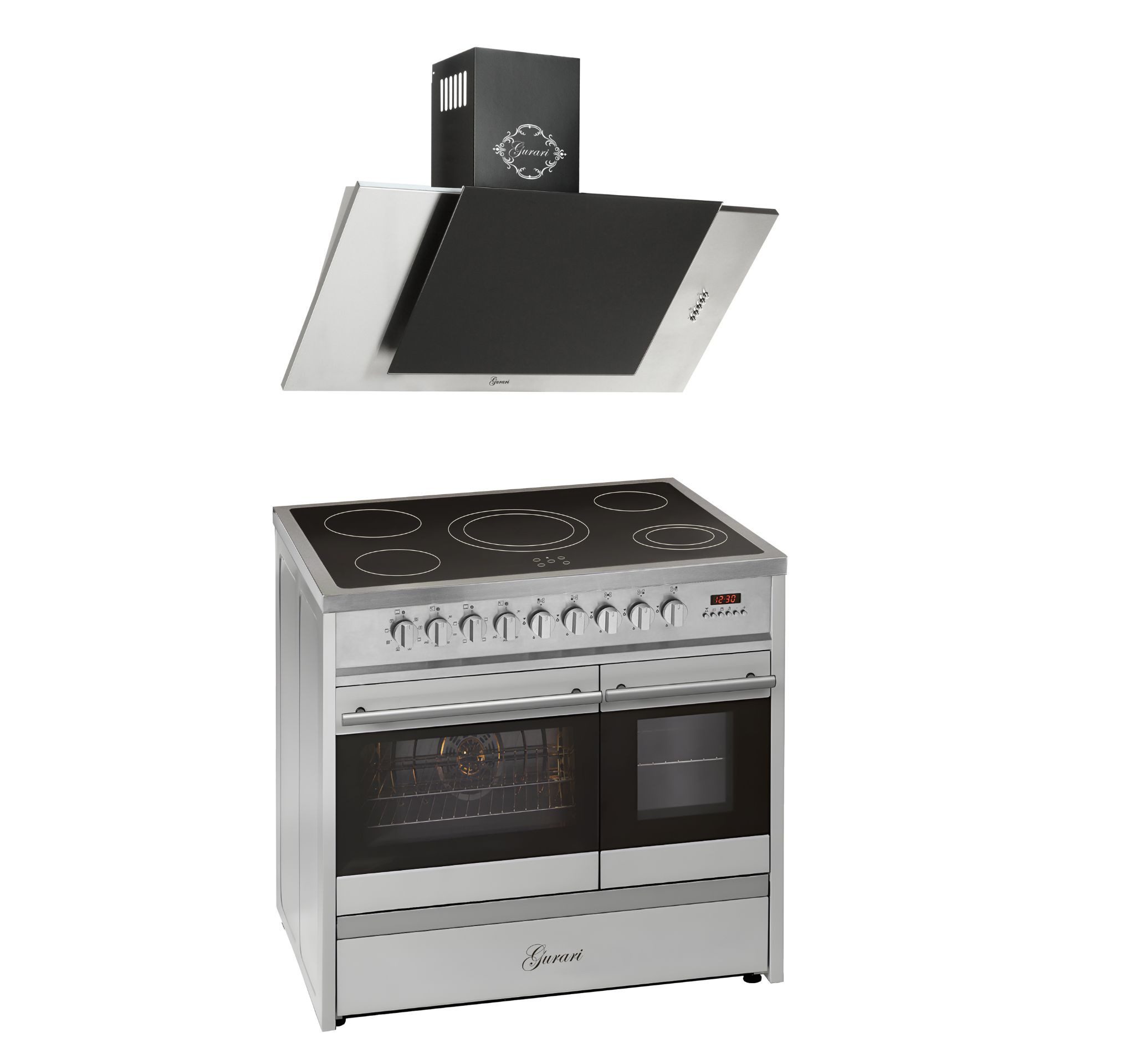 GURARI Elektro-Standherd 90 cm, Doppelbackofen, 5 Kochzonen, Range Cooker+Dunstabzugshaube 90 cm, 1000 m³/h GCH E 912 DF X+GCH S 482 90 IS N, mit 1-fach-Teleskopauszug