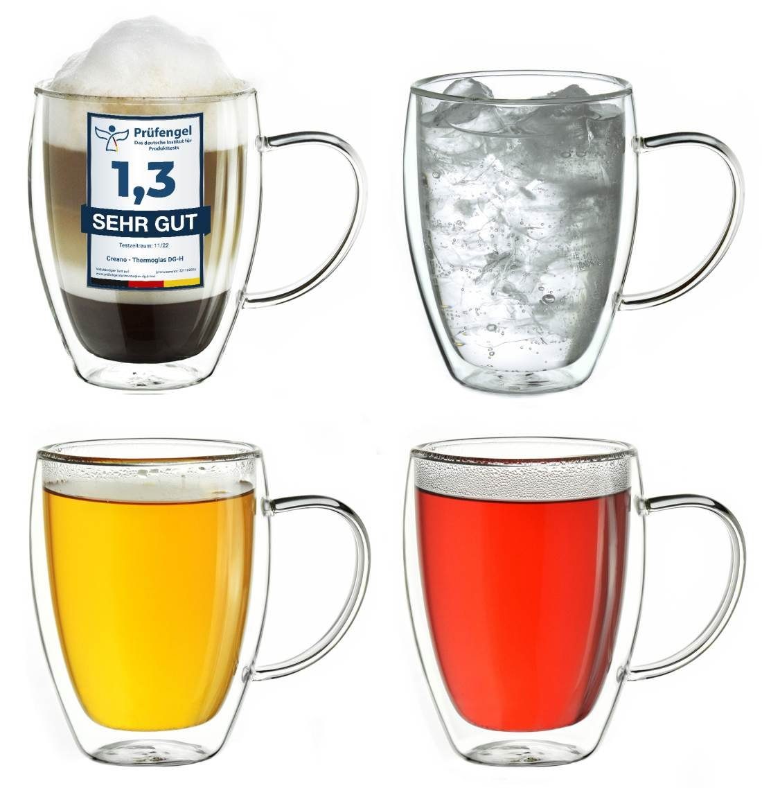 Creano Teeglas Doppelwandiges Thermoglas mit Henkel 250ml, Borosilikatglas, 4 Gläser