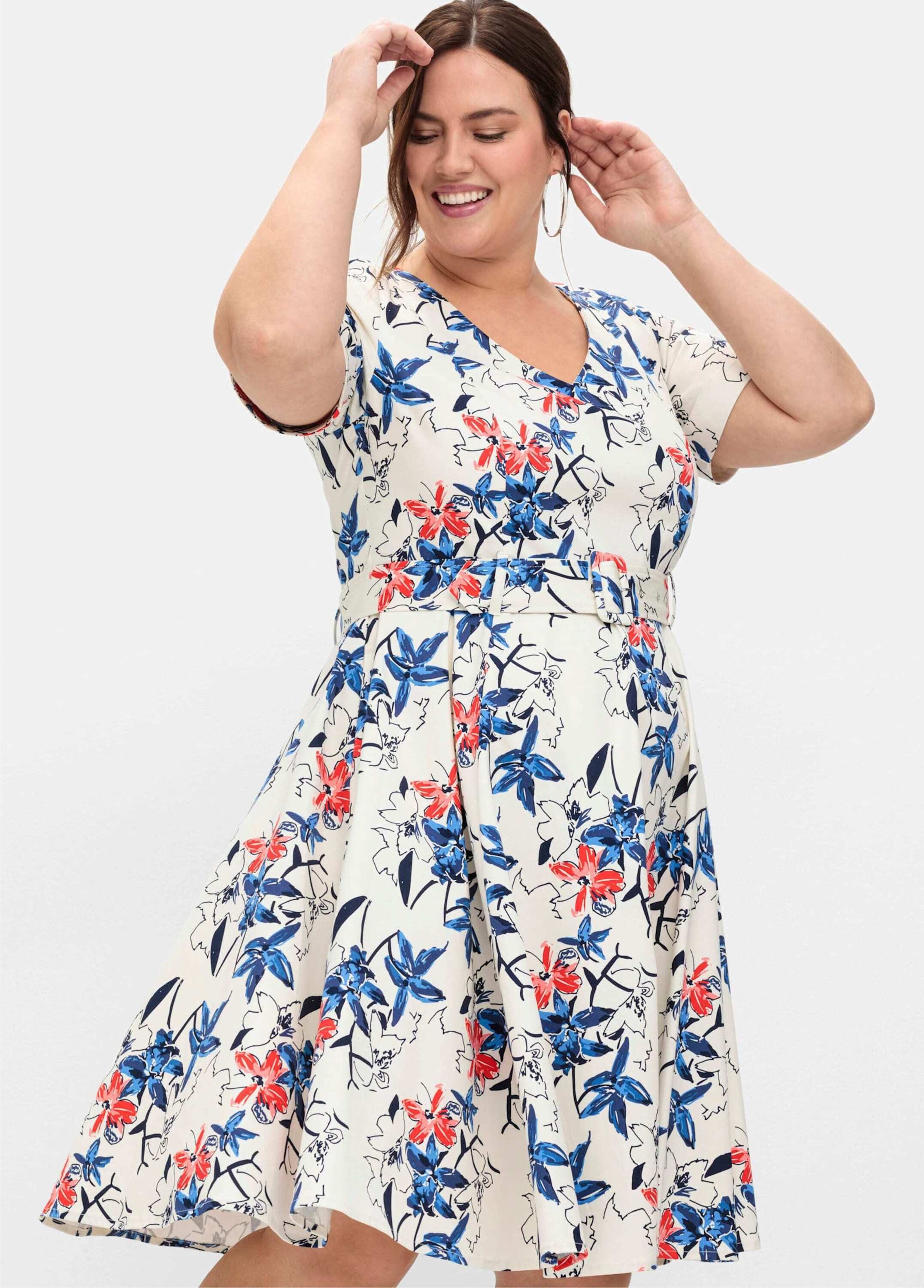Sheego Etuikleid Abendkleid Kurzarm mit Blumenprint und Stoffgürtel – Bild 3 von 5