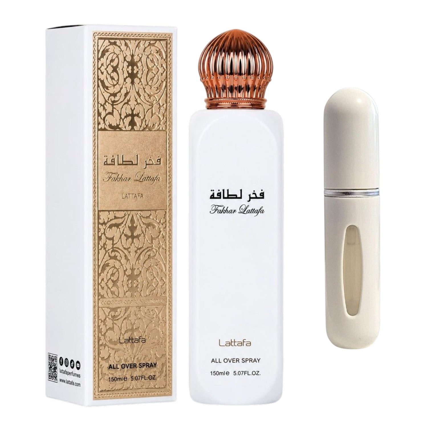 Lattafa Duft-Set Fakhar Femme All Over Spray Body Spray + Parfümzerstäuber (leer)