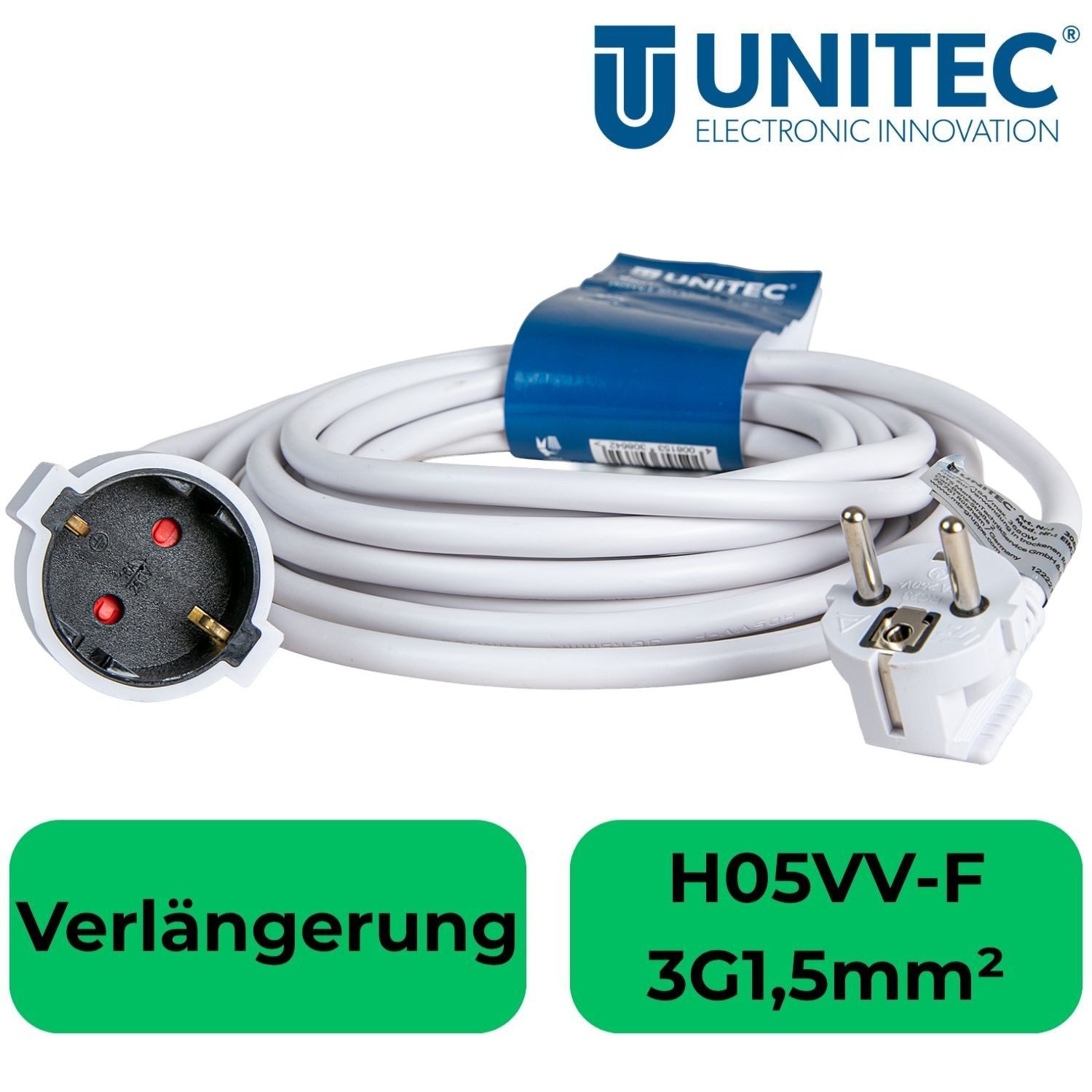 UNITEC Schuko Verlängerungskabel 5m Weiß IP20 Innen Steckdosenverteiler 1-fach (5m Kabel, IP20, Schutzkontaktkupplung, Schutzkontaktstecker, Kabellänge 5 m), St – Bild 3 von 5