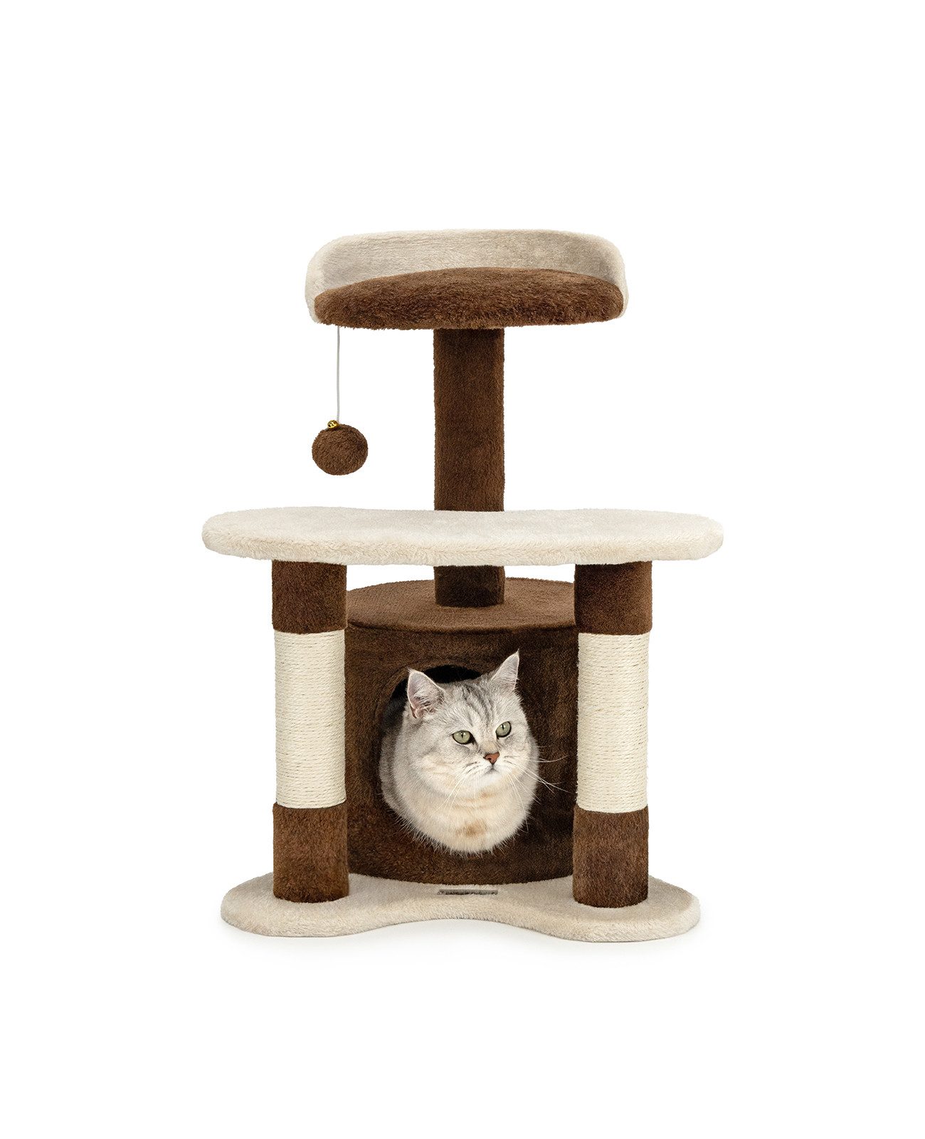 lionto Kratzbaum 65 cm mit Sisalstämmen, Plüschhöhle & Spielball, braun/beige, stabiler Spielbaum ideal für kleine Katzen