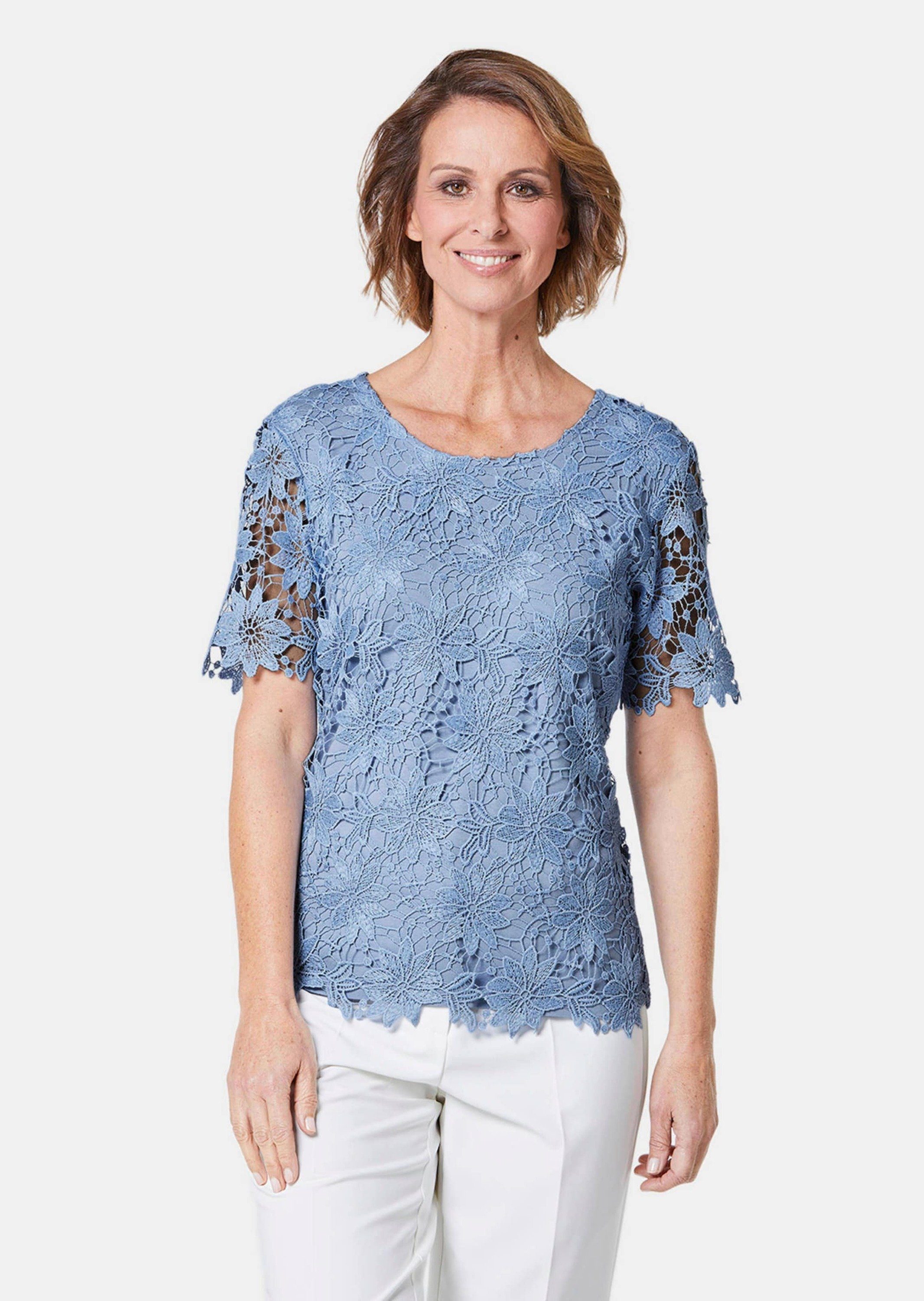 GOLDNER Kurzarmbluse Festbluse mit floraler Spitze Blusenshirt mit Rundhals günstig online kaufen