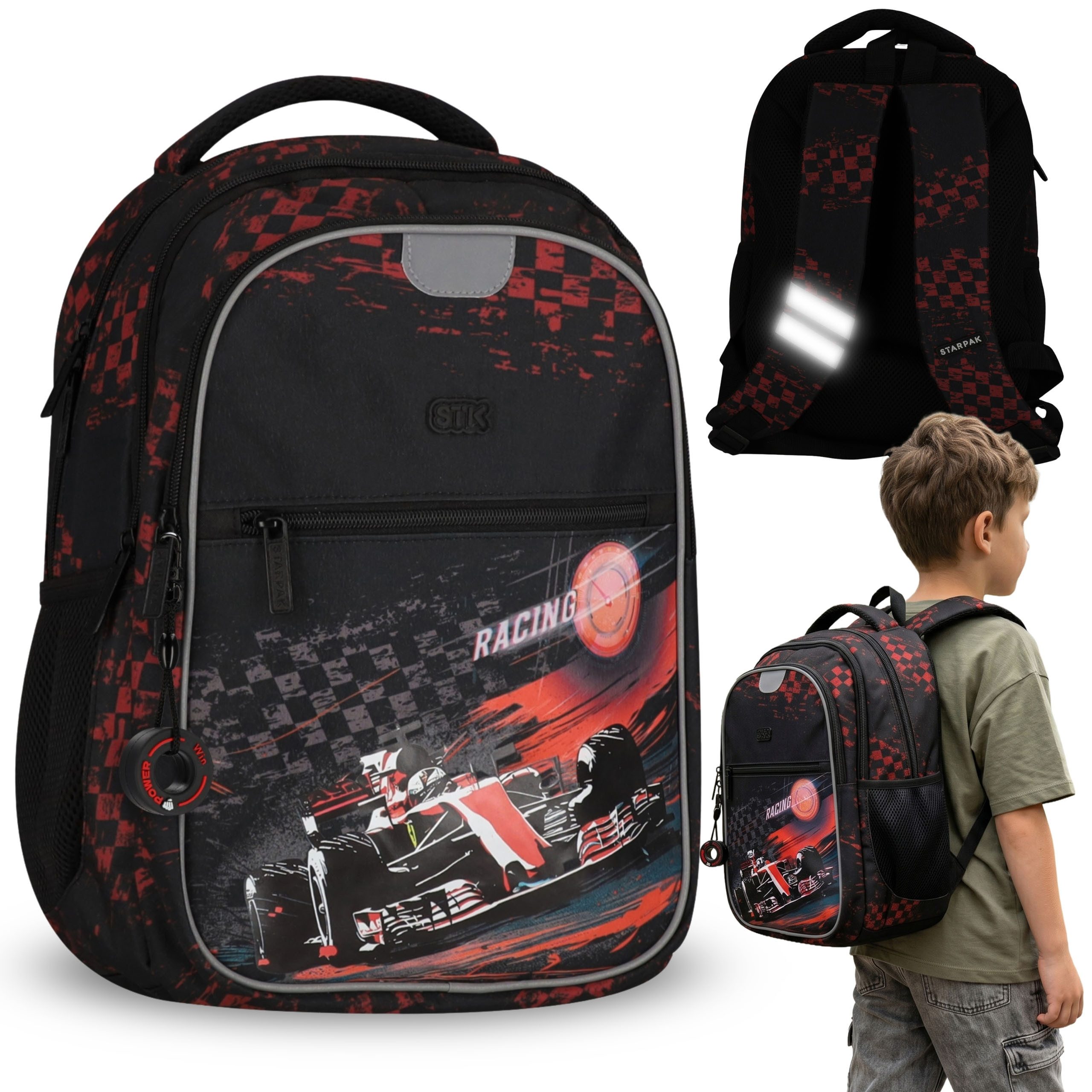 Schulrucksack Rennwagen Schulrucksack für Jungen mit Reflektoren, 24 l