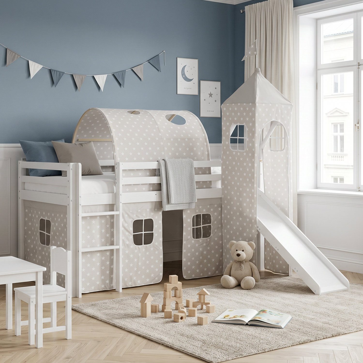 Homestyle4u Hochbett 90x200 cm Weiß mit Vorhang Sterne Grau für 1 Kind Holz Massiv Kiefer (Set, mit Rutsche Turm Tunnel, Spielbett) mit Rausfallschutz, ohne Lattenrost, Jungen Mädchen
