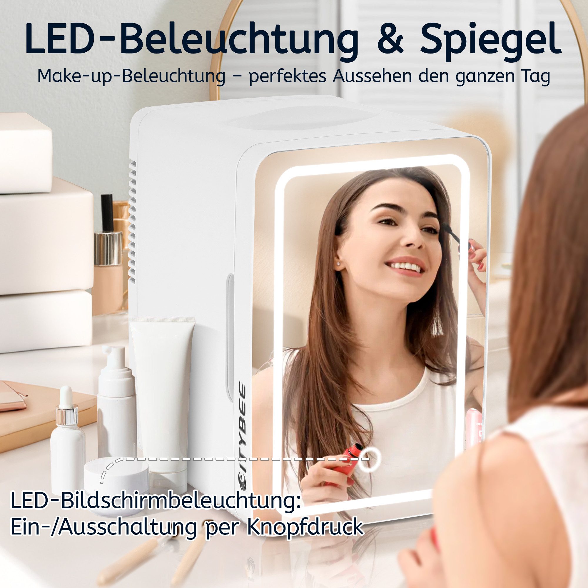 Nettlife Kühlbox 6L Klein Kühlschrank 12V 230V Mini Skincare Kühlschrank 19.5*27*30 CM, mit Spiegel&LED-Beleuchtung für Kosmetik Schönheitspflege