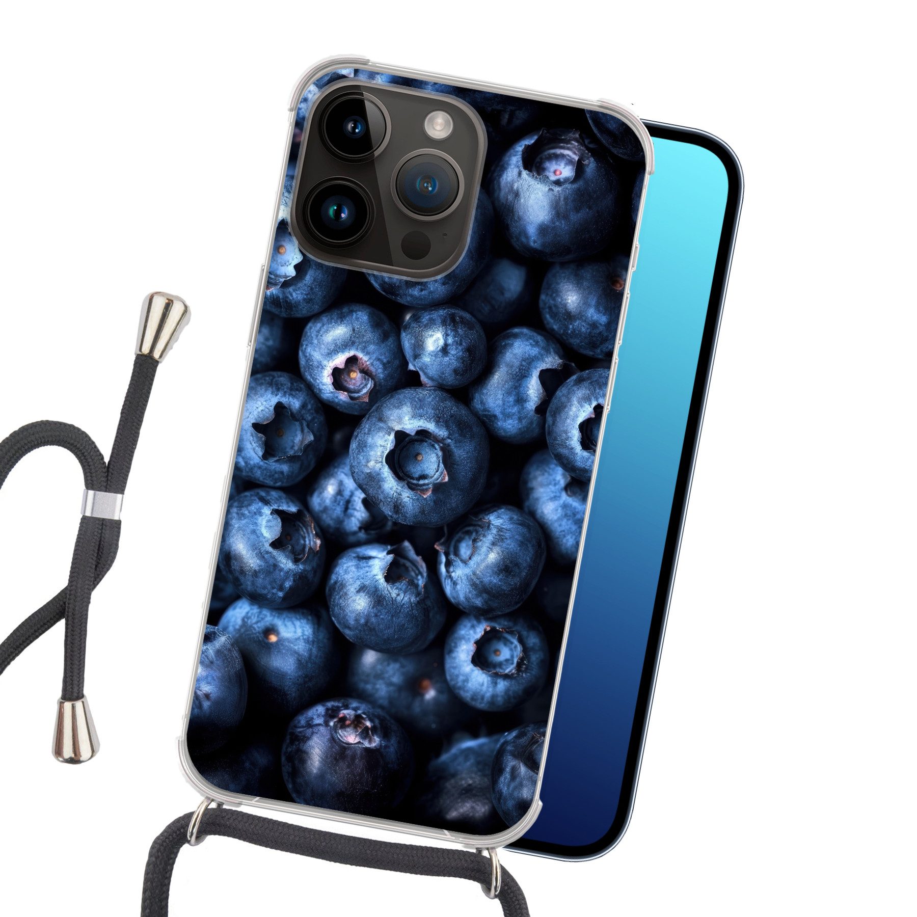 MuchoWow Handyhülle für Apple iPhone 14 Pro Beeren - Blau - Obst, Tragbare Handyhüllen mit Kette zum umhängen, Handykette Handyband
