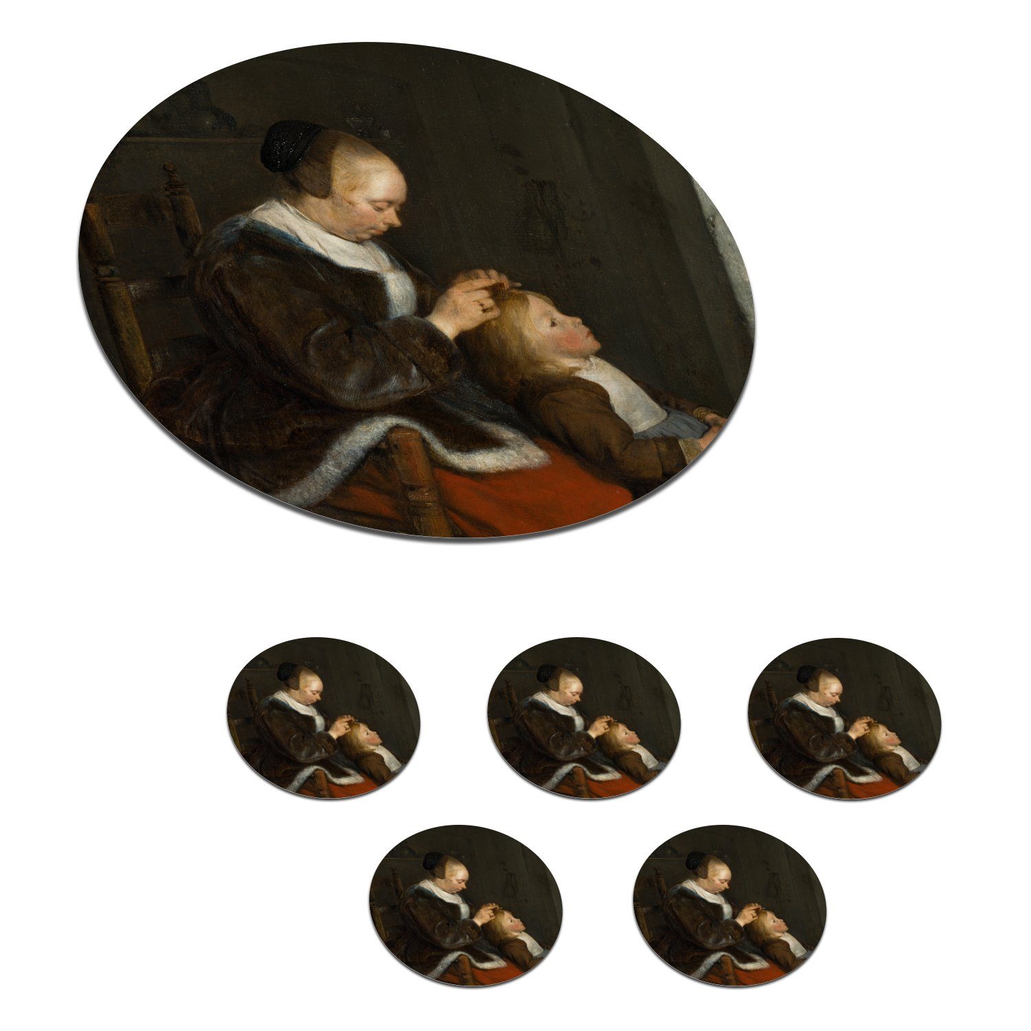 MuchoWow Glasuntersetzer Die Läusejagd - Gemälde von Gerard ter Borch, Zubehör für Gläser, 6-tlg., Getränkeuntersetzer, Tassenuntersetzer, Korkuntersetzer, Tasse, Becher | Getränkeuntersetzer