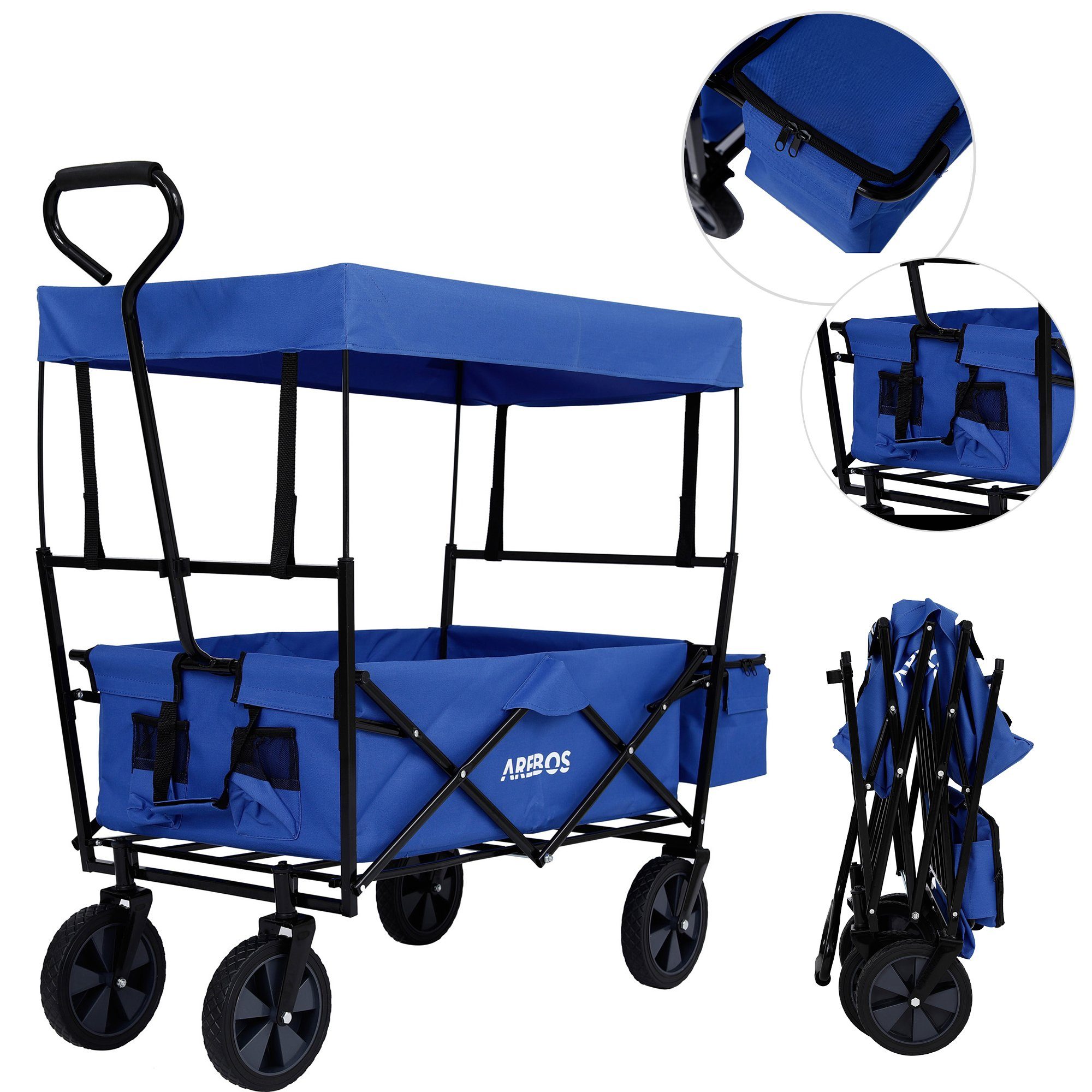 Arebos Bollerwagen faltbar mit Dach, Handwagen, Transportwagen, Faltwagen (Blau), Maße 117 x 55 x 125 cm