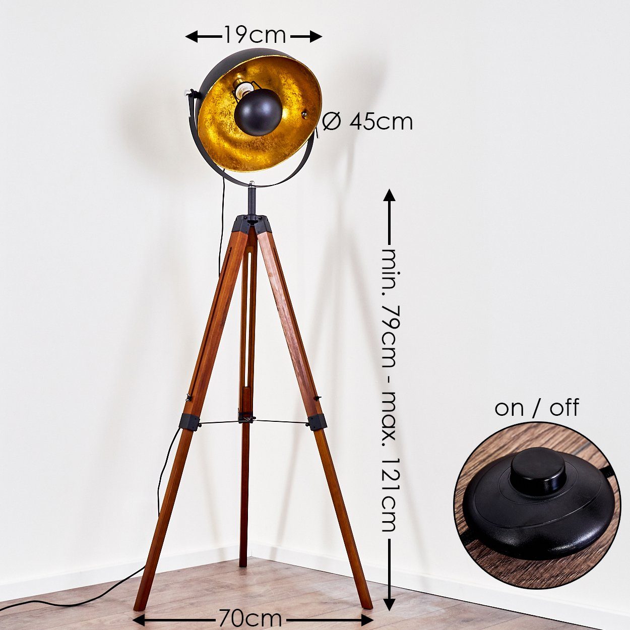 hofstein Stehlampe »Ghedi« Vintage Stehleuchte in Schwarz/Gold aus Metall, ohne Leuchtmittel, Gestell Holz in Weiß, Ø45cm, E27, verstellbare Bodenleuchte