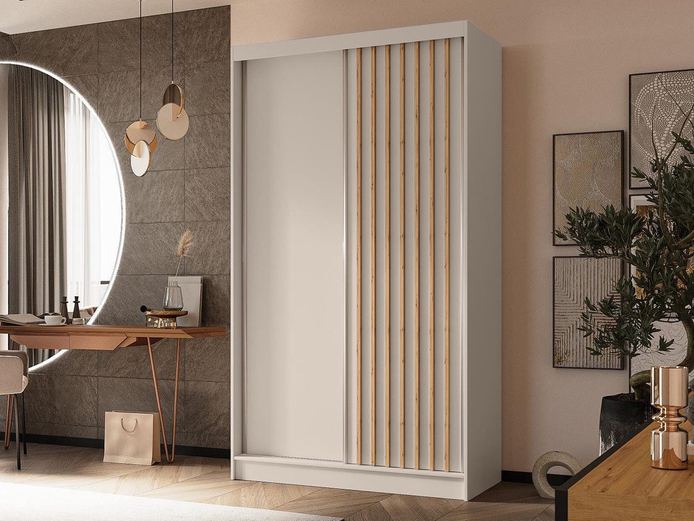 Beautysofa Kleiderschrank Moderner stilvoller eleganter Kleiderschrank mit Schiebetür HELIOS (Moderner Schwebetürenschrank mit Lamellen, Kleiderschrank) In vers – Bild 2 von 5