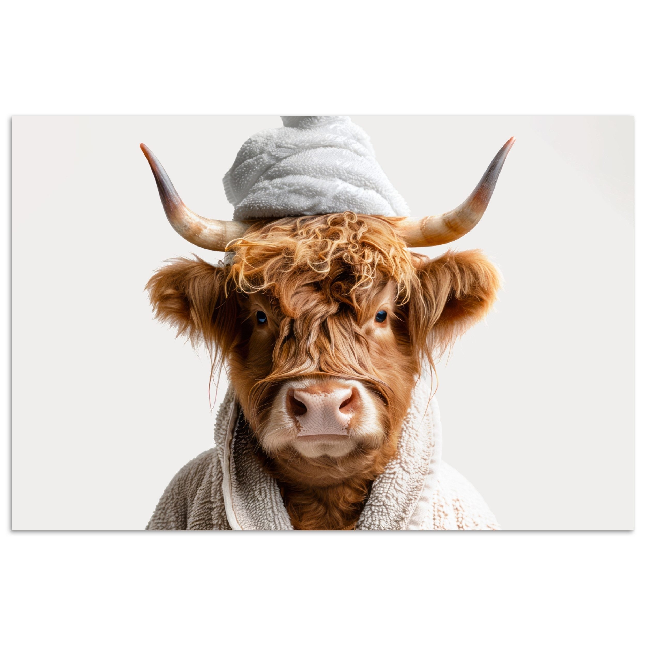 MuchoWow Poster Schottischer Highlander - Bademantel - Kuh - Tiere, (1 St), Poster ohne Rahmen, Wandbild, Wandposter, 60x40 cm