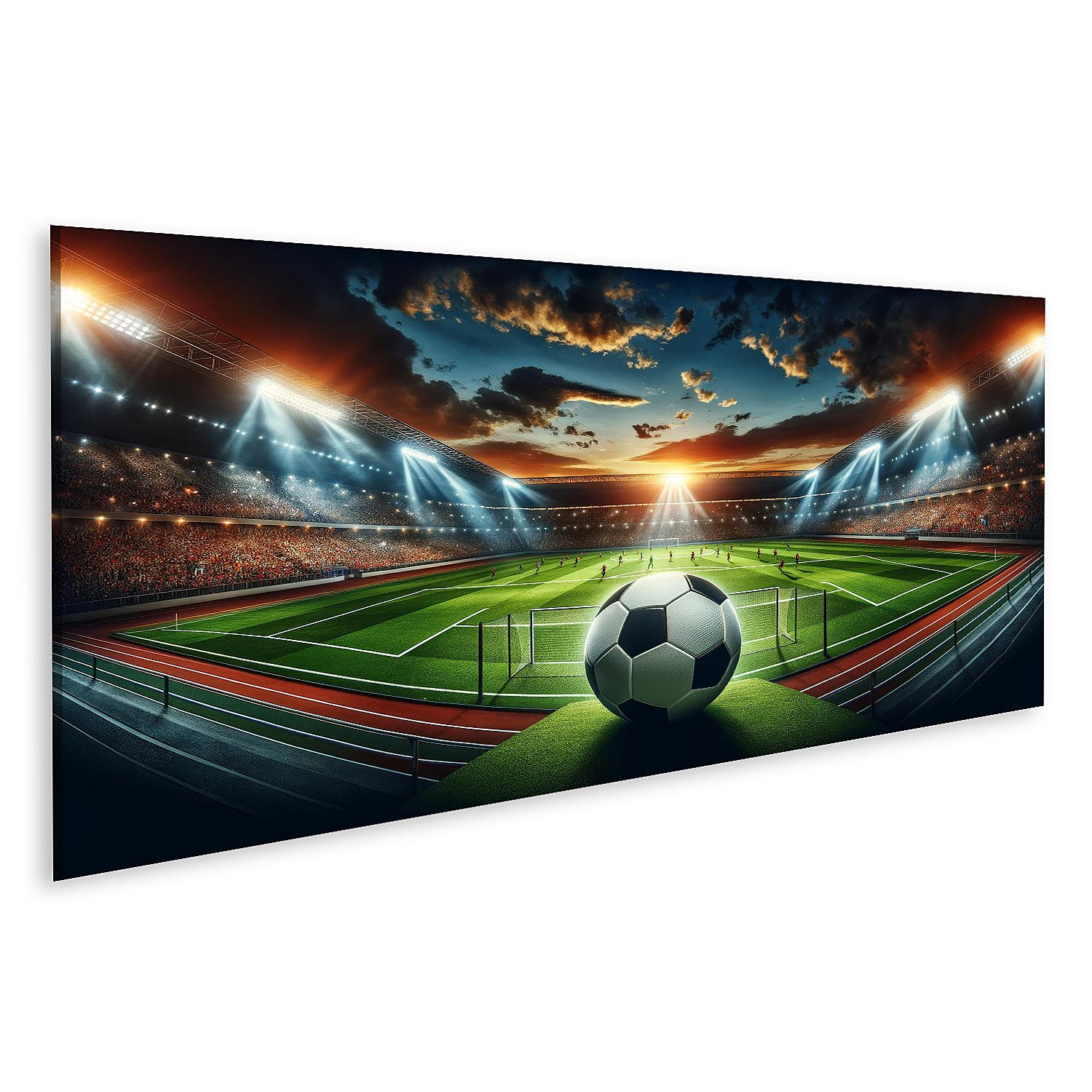 islandburner Leinwandbild Abendliches Fussballstadion mit Ball und Flutlicht Wandbild