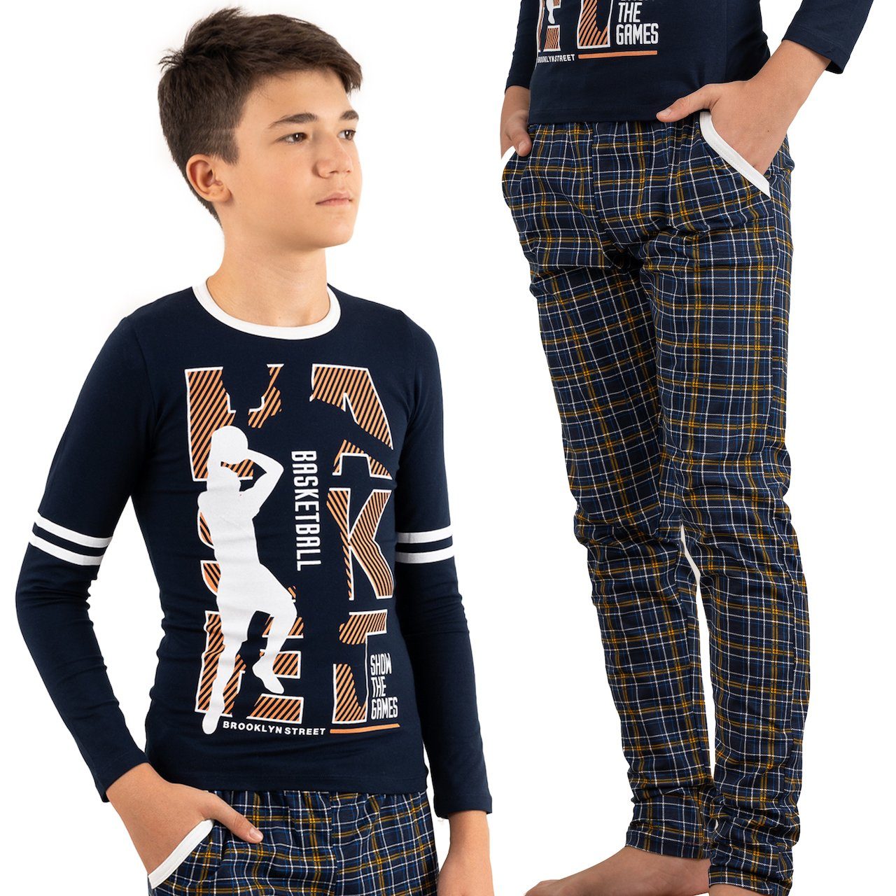 LOREZA Pyjama - Langarm 2 Baumwolle Basketball tlg) Schlafanzug zweiteiliger (Set, Jungen