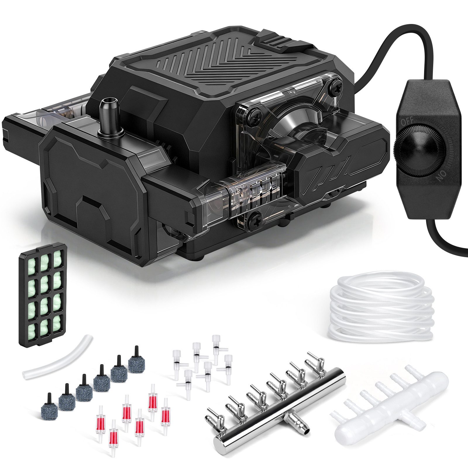 XERSEK Aquarienpumpe Regelbar Teichbelüfter Aquarium Luftpumpe Sauerstoffpumpe 18W 2700L/H (6 Luftstein + 6 Ausgänge Mit Kupfermotor, Verteiler), Aquarium-Durchlüfterpumpe für Aquarium, Teich & Hydrokultur