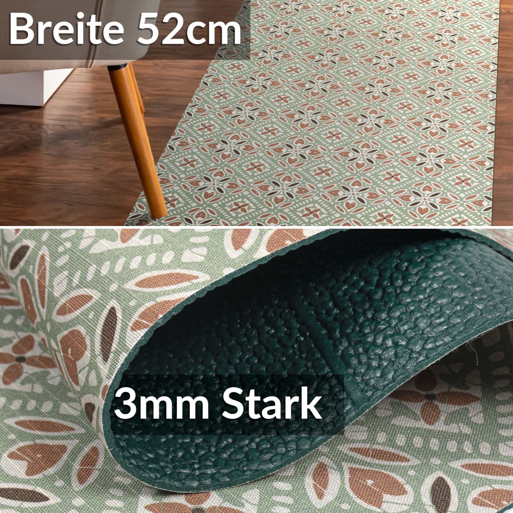ANRO Küchenläufer RANNA Bodenmatte Flurläufer Teppichläufer Küchenteppich, eckig, Höhe: 3 mm, Meterware rutschfest 120cm Majolica Grün Beige wasserdicht