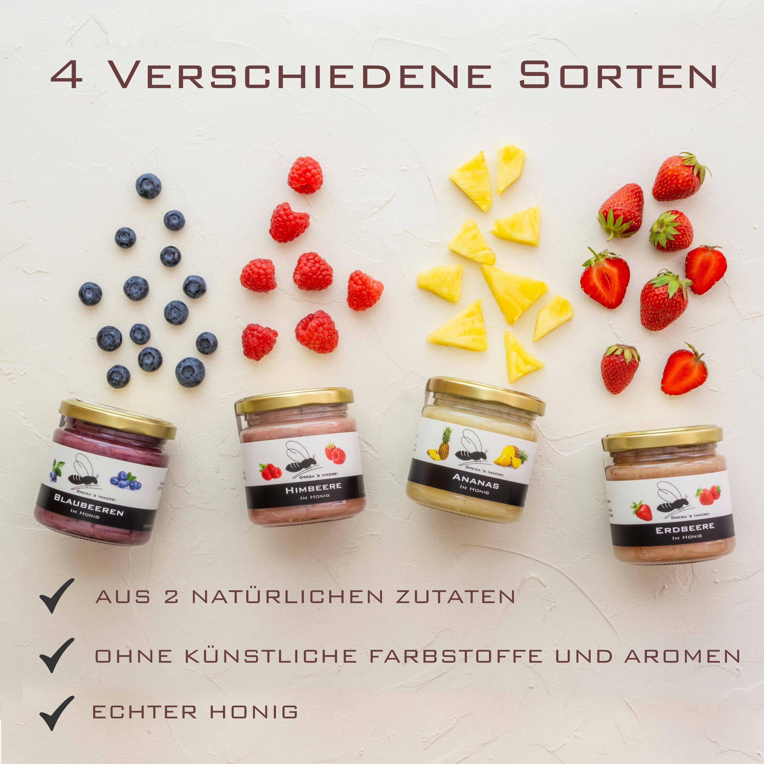 Grega´s Imkerei Honig 4er Fruchtbox - Früchte im Honig - Honigsüßer Brotaufstrich, 4 x 250 g, (Set, ideales Probier- & Geschenkset), 4x 250g (Erdbeere, Blaubeere, Ananas & Himbeere)