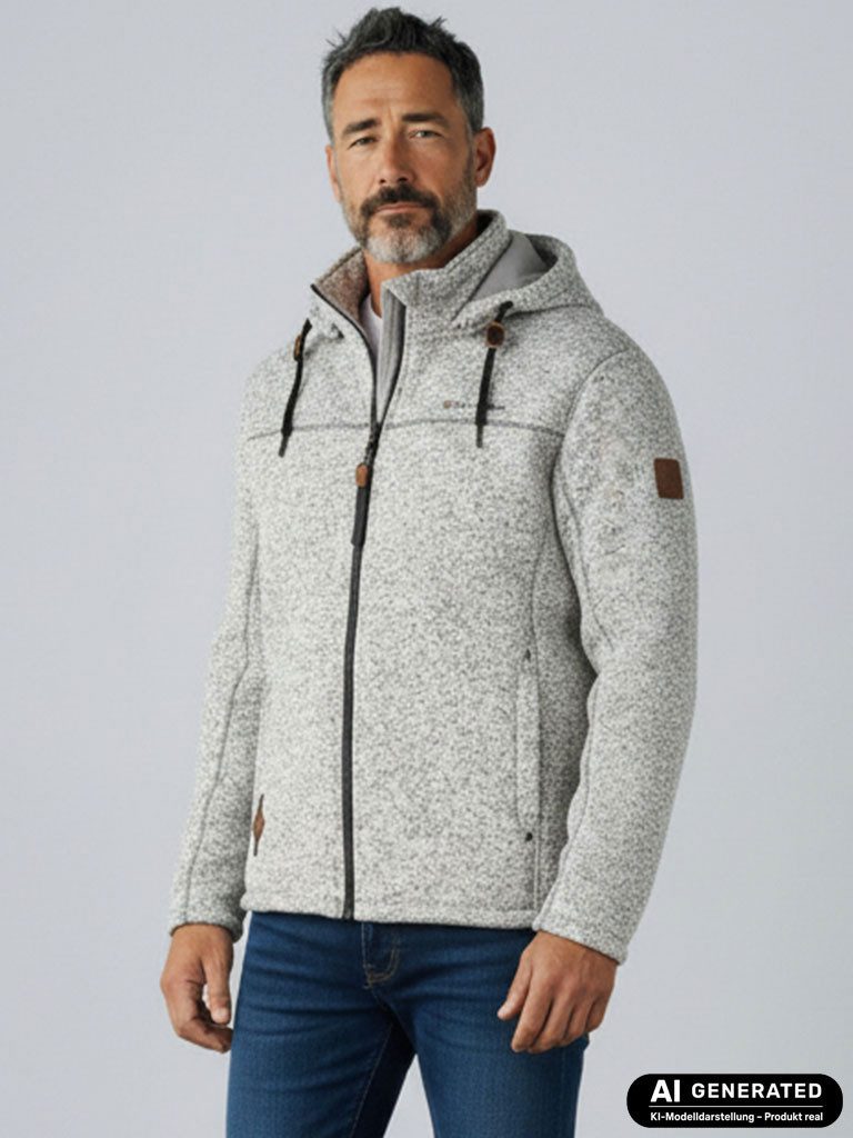 Dry Fashion Fleecejacke Helgoland Herren Wollfleece-Jacke Kapuze - Jacke Fleece Übergansjacke Windabweisend, Verstellbare Kapuze, Reißverschlusstaschen, Innentasche