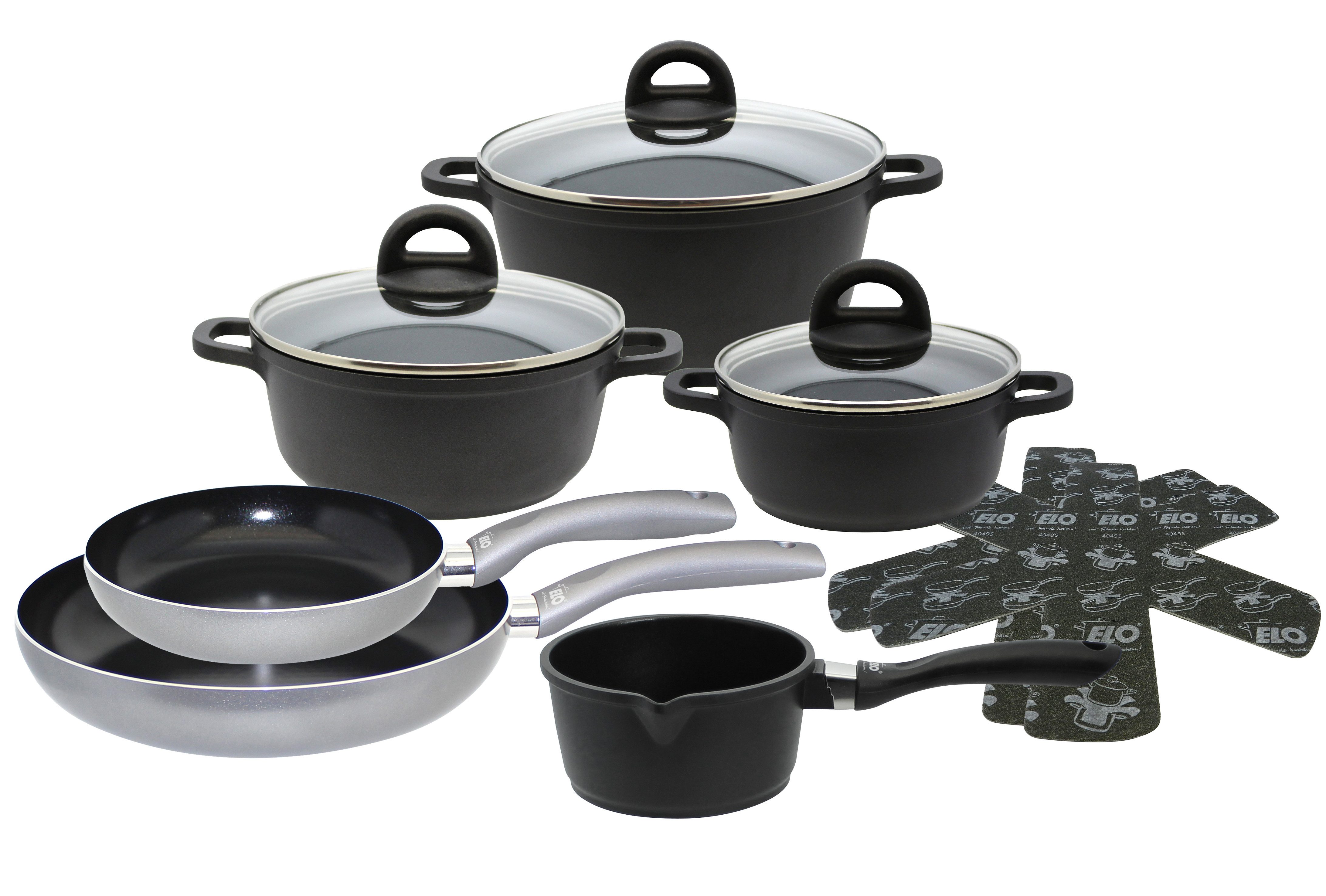 Elo Topf-Set Black, Ducato, Aluminiumguss (Set, 11-tlg., 3 Кастрюли mit Deckel, 1 Stielkasserolle, 2 Bratpfannen, 2 Stapelschutz), mit hochwertiger Antihaftversiegelung, Induktion