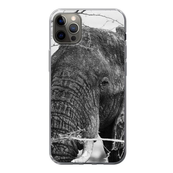MuchoWow Handyhülle Nahaufnahme eines afrikanischen Elefanten in Schwarz-Weiß Handyhülle Apple iPhone 12 Pro Max Smartphone-Bumper Print Handy