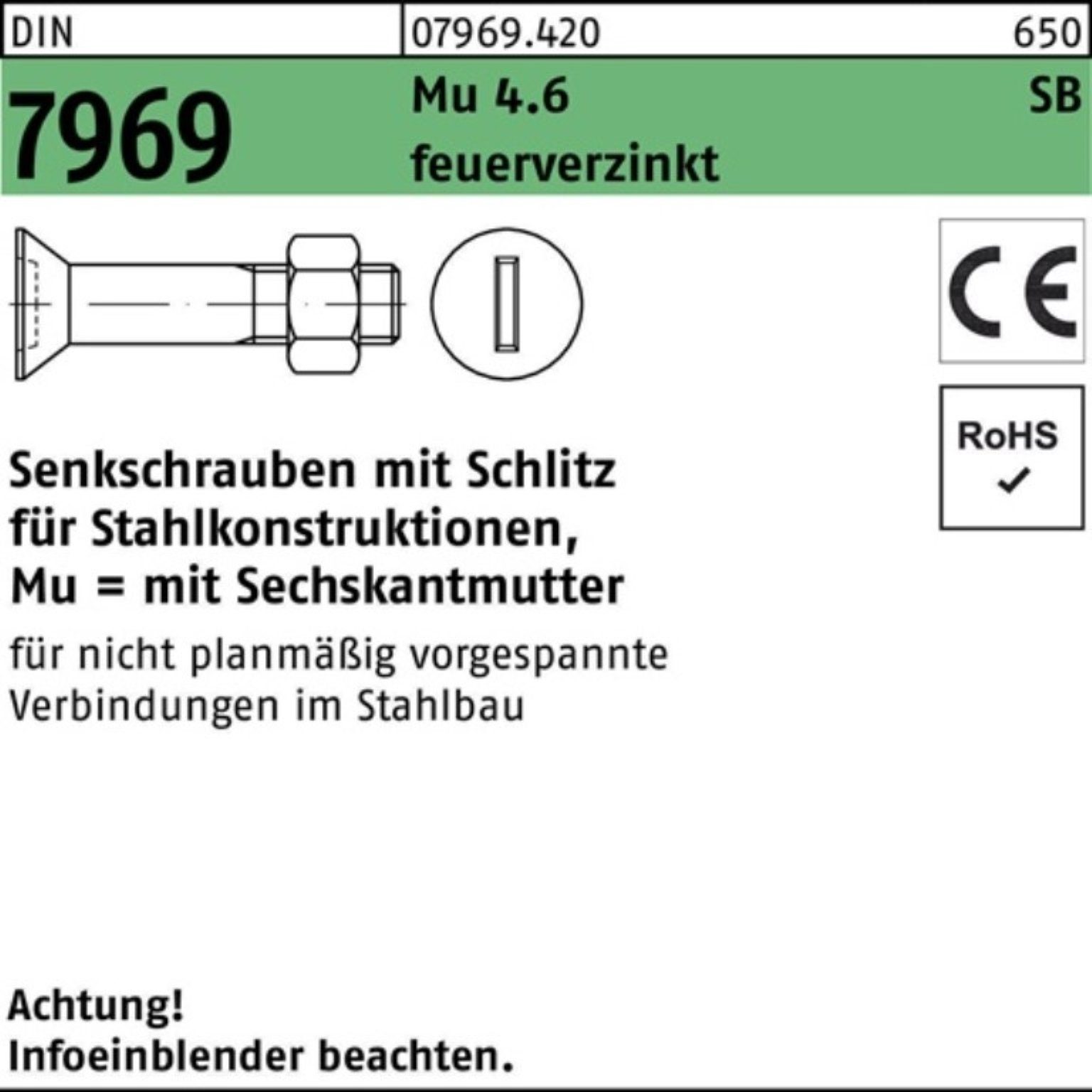 40 100er Reyher feuer Senkschraube Senkschraube M12x DIN 4.6 Pack Schlitz/Mutter U/CE 7969
