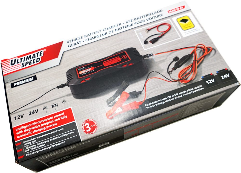 KFZ Ladegerät ULGD 10 A1, 12V / 24V / 20–300 Ah-Kapazität / Autobatterie-Ladegerät